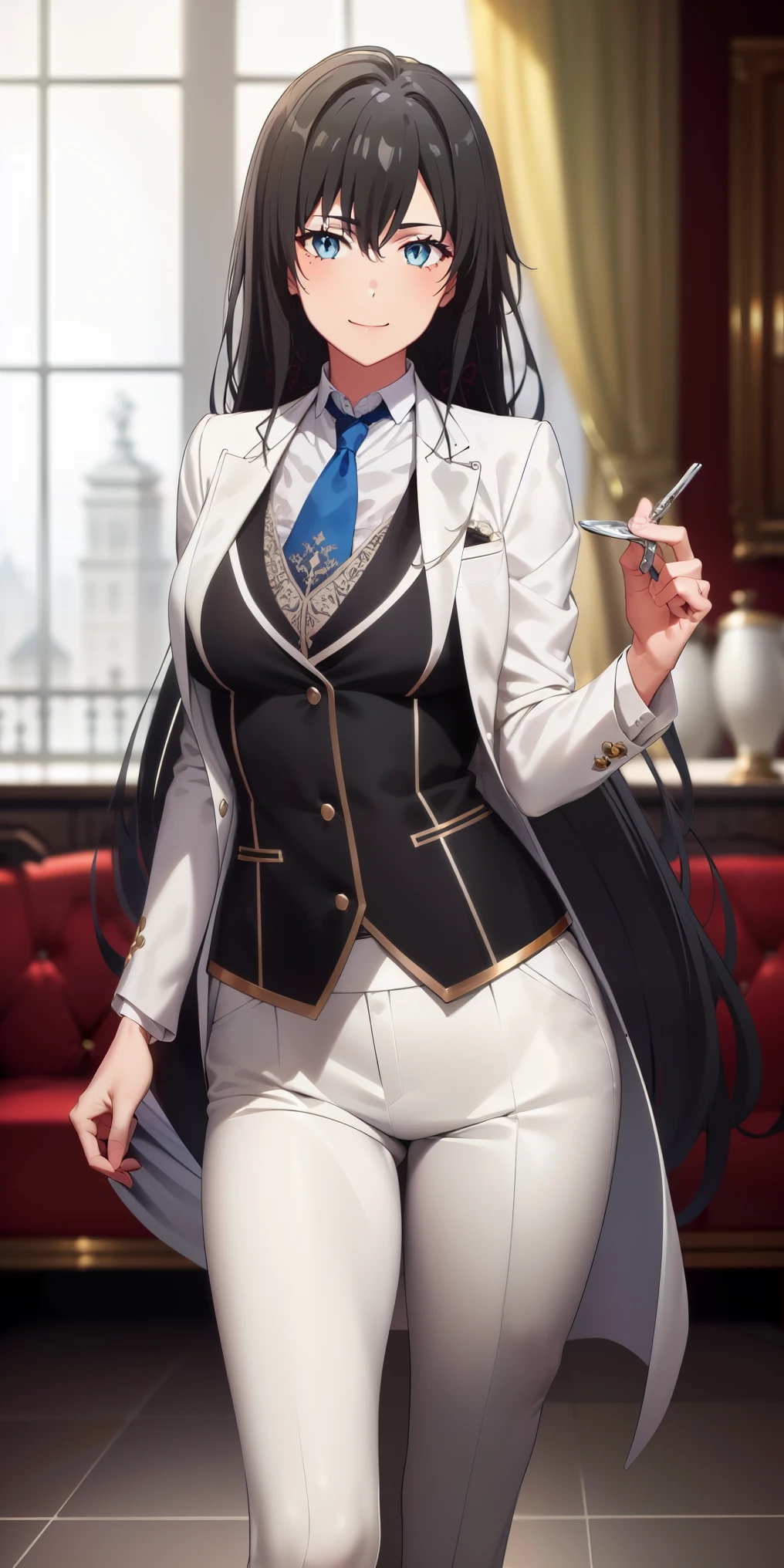 ((best quality)), ((masterpiece)), (detailed) 1girl 1girl, ;\), blurry, blurry_background, breasts, , hair_long looking_at_viewer, ok_sign, open_hand, Yukinoshita Yukino ,Woman wearing formal clothes, An attractive coat sitting on chair in the room , 1girl, 独奏, blue necktie, Black hair, eyes blue, long hair, smile , collared shirt, white pants, white shirt , Elegantly designed coat , Stand in front of a window ,Perfectly tailored tailcoat. It has a stunning Victorian design and is made of lustrous fabric , full body ,tailcoat butler suit, elegant pose, serene expression, flowing long hair, soft lighting, pastel color palette, detailed lace and embroidery, realistic portrait, fine brushwork, delicate facial features, captivating eyes, graceful gestures, refined atmosphere, vintage decor, polished silverware, elaborate floral arrangement, polished marble floors