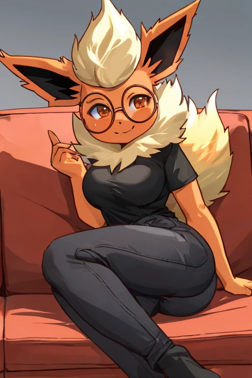 ((Flareon)), anthropomorphic, big breasts, big ass, pokemorph, (((1girl))), (((black shirt))), (pink panties), (black socks), full body, cute and sexy, fiery red skin, (round glasses), long legs, smiling, relaxing on couch