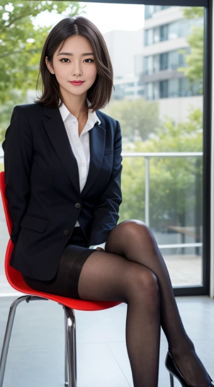 ((top-quality、masterpiece、photographrealistic:1.4、in 8K)),delicate and beautiful face、delicate and beautiful eyes、beautiful hairl,((red sexy suit))、medium chest、cleavage of the breast、Offices on high floors、You can see the building from the large windows、Detailed background, Perfect Lighting, depth of fields, Beautiful shadow gradient , ((Full body capture)), fullllbody,(Sitting on a chair、spreading the legs a little)、look to the camera,Black pantyhose,pin heels