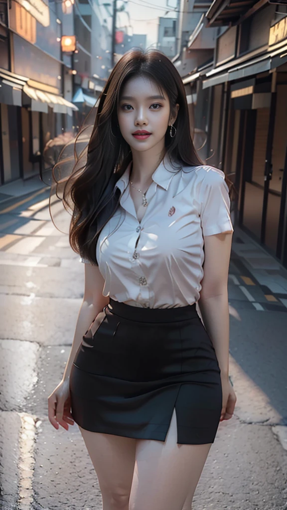 woman, (half-caste, thailand, Japan, Korea), ที่charming, Beauty enhancement, ((stand)), charming, charmingน่าหลงใหล, (Beautiful face, แต่งBeautiful face, Double eyelids, red lips), (black hair, long hair long hairมาก, long hairตรง, long hair, The wind is blowing), มุมมองจากมุมสูงของwomanที่สวยงาม, The texture is realistic., dynamic gesture, (White short-sleeved shirt The shirt is thin and the skin is visible.), (elegant, big breasts, The chest is clearly visible., Seeing the chest mound., I saw a pile of milk.), (Short black pencil skirt, Very short, กระโปรงพร้อมเข็มขัดwoman), (Symmetrical shape, sexy figure, small waist, Long legs), (Pitch black high heels, earring, Put on a watch, student brooch), (full body photo, Look at every part of the body.), university backdrop