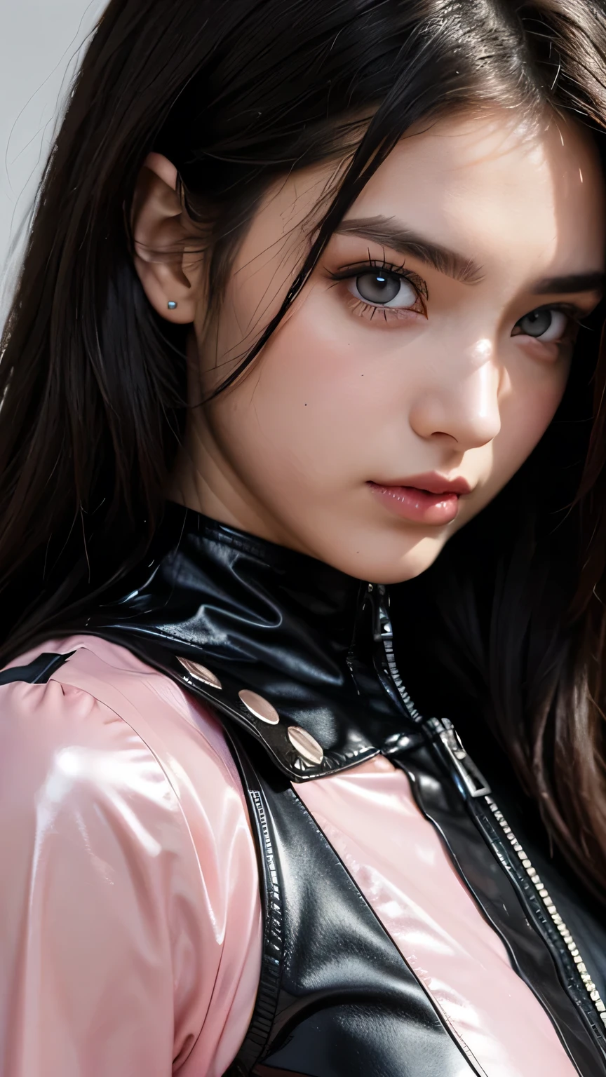 ((masterpiece))) whole body, whole body Shot (one girl) ((black hair, long hair, straight hair, both sides up))), ((black eye))), eye shadow, eyeliner, Glow eye, hyper detail eyes, complicated eyes, beautiful eyes, fine eyes, (((star-shaped pupil, shining pink eyes))) 18-year-old girls. (Wearing a transparent jacket made of PVC material)) huge cool weapon Mechanical in hand, huge cool weapon Mechanical, Mecha, Mechaanism, Mechanical, open stance, combine、(((close up of face)))