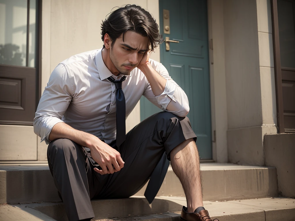 a man in a shirt and tie sitting on the steps, photograph, depressed sad expression, sad man, frustrated,  with a sad expression, stressed expression, a very sad man, photography, frustrated expression, very sad emotion, desperate pose, looks sad and solemn, frustrated detailed