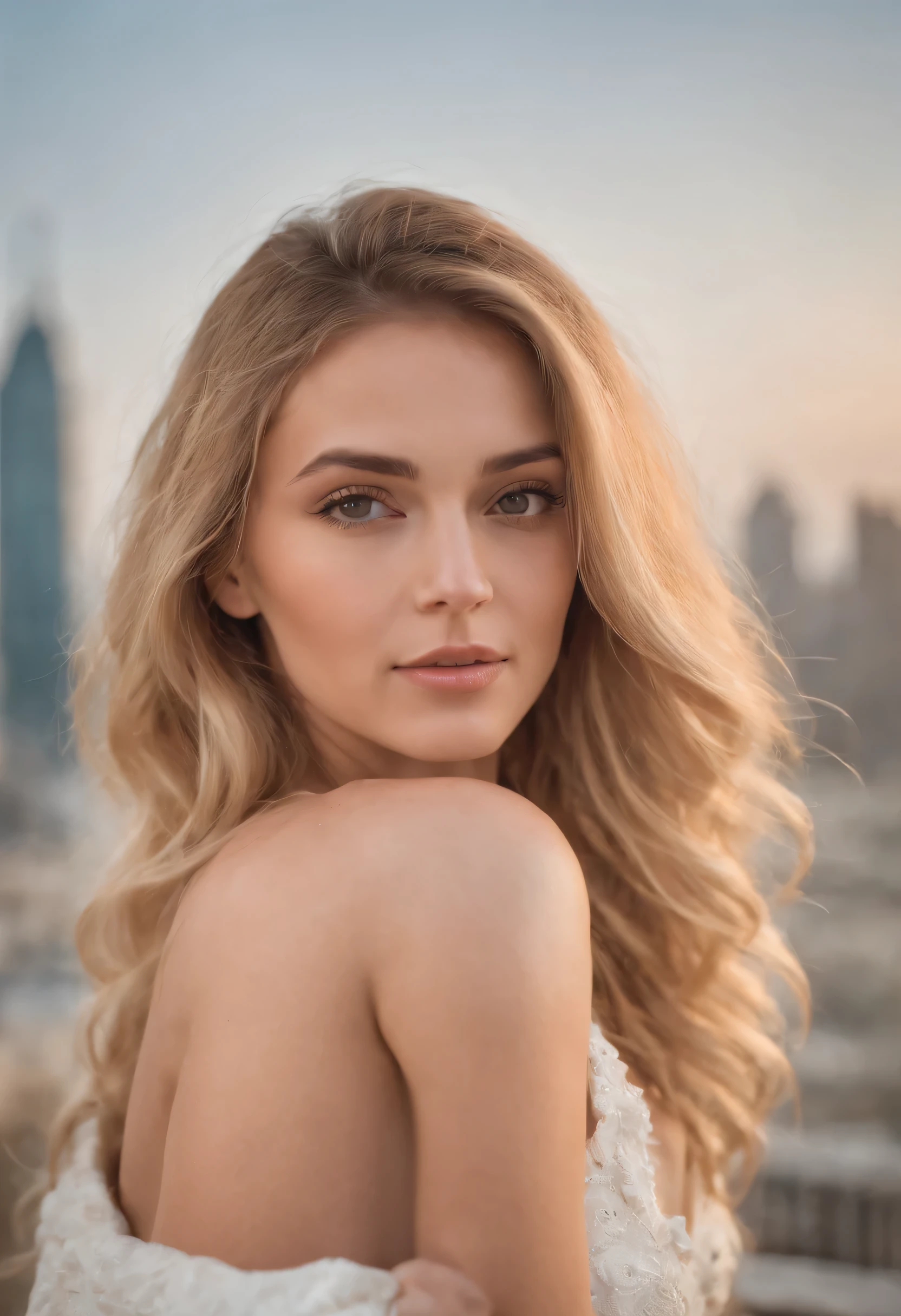 Femme sexy, 25 ans, sexy, athletic, tanned skin, gros seins, narrow waist, curly blonde hair, Instagram template, Realstic, Photo Instagram, photographie, authentique, naturel. Dubai Landscapes, Tall buildings holding hair behind his head