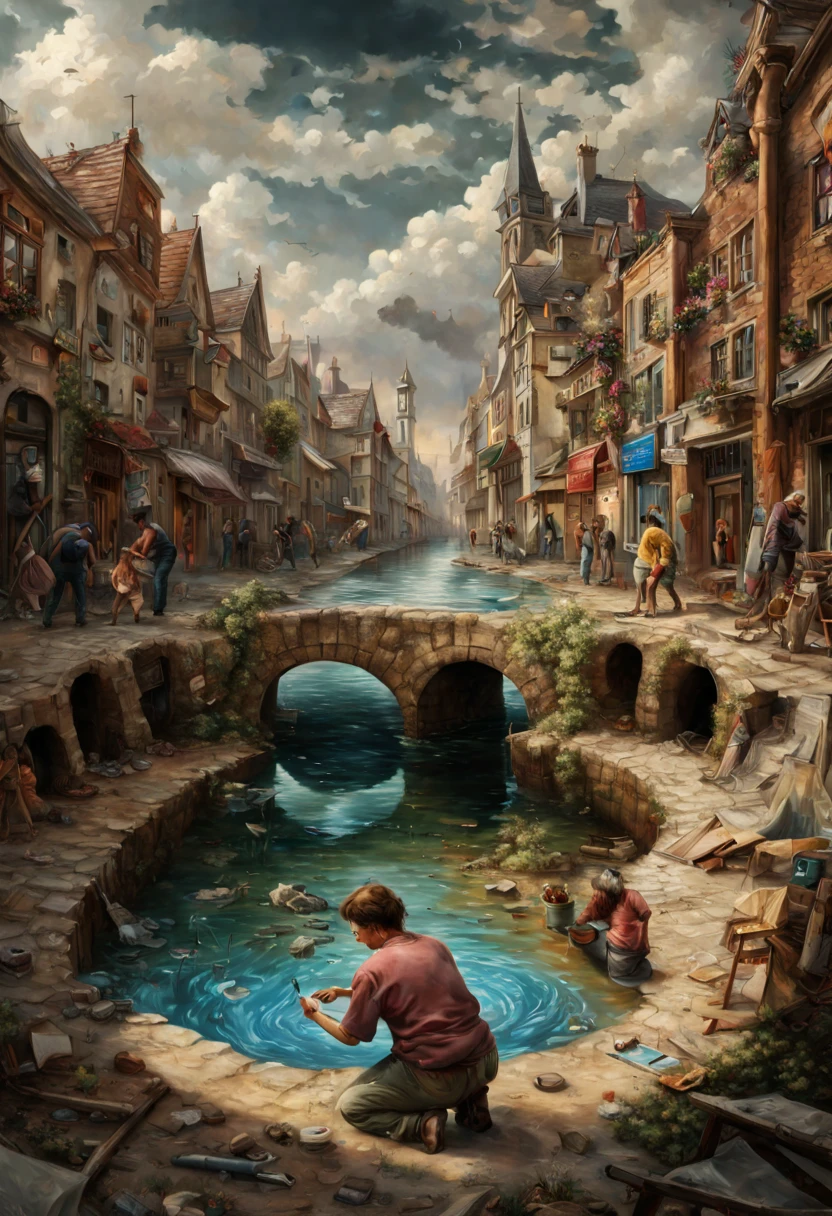 a street artist has painted a completely realistic hole full of water in the middle of a street, the artist with chalk in hand is kneeling beside it. Epic cinematic brilliant stunning intricate meticulously detailed dramatic atmospheric maximalist digital matte painting.