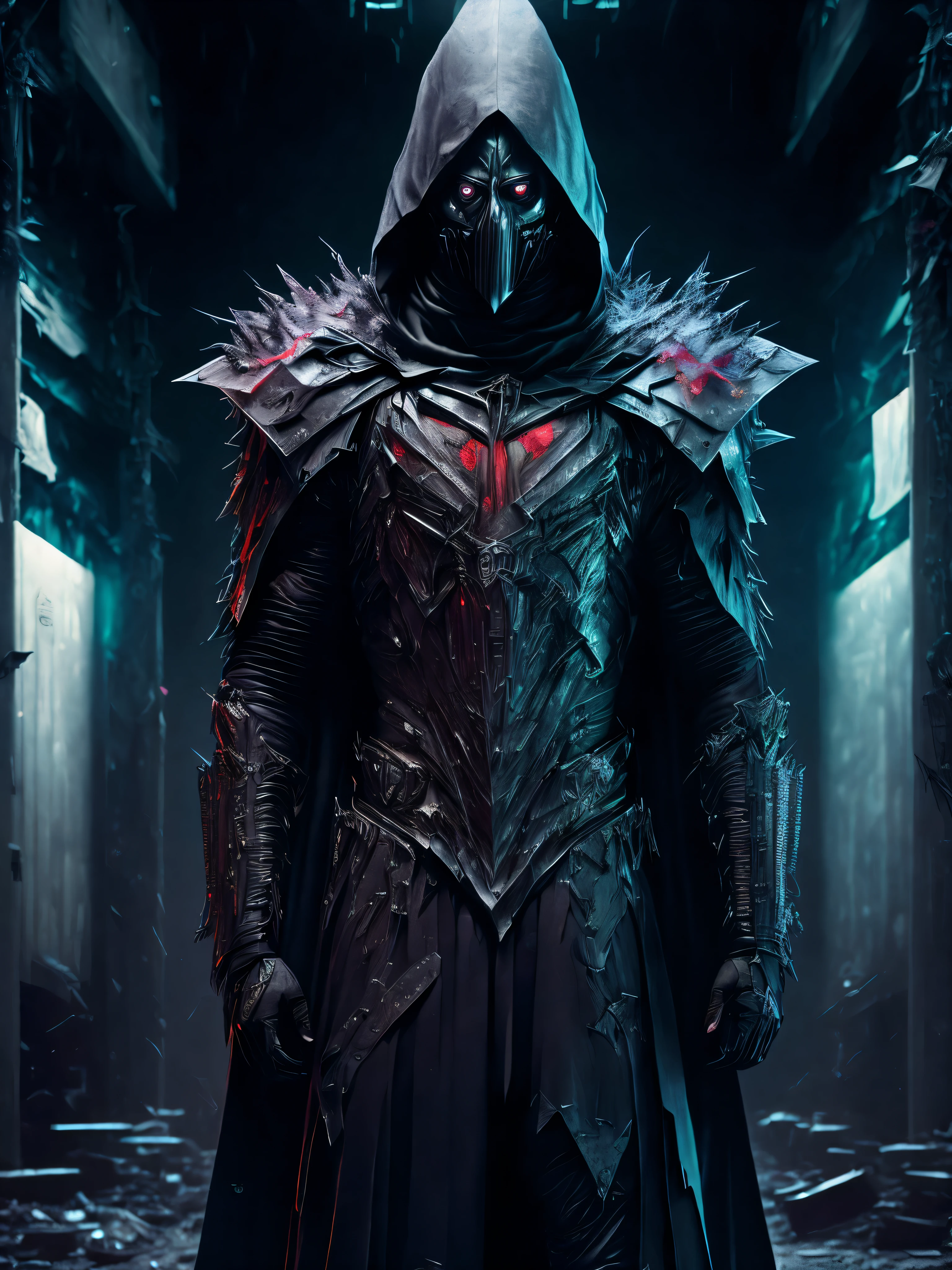 Full-body Grim portrait of the DC Hood-monster made of aluminium paper with intricate angular cybernetic implants Face wrapped in plastic, blood splashes on the plastic, inside a brutalist building, gothic brutalist abandoned Hospital, cyberpunk, Foto premiada, Bokeh, Neon lights, cybernetic limb