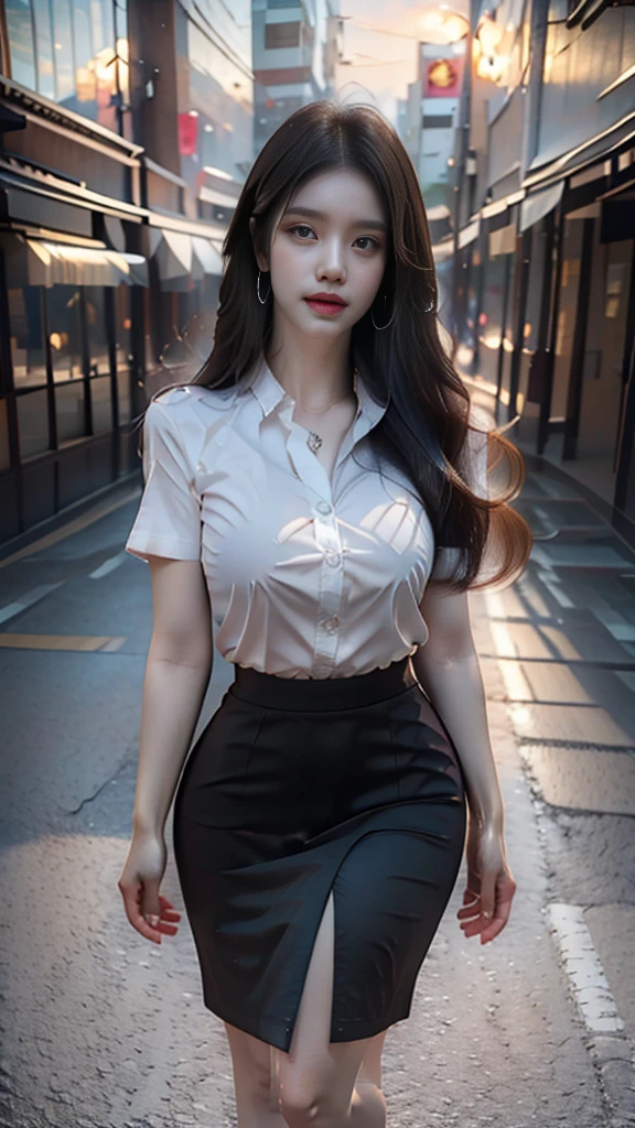 woman, (half-caste, thailand, Japan, Korea), ที่charming, Beauty enhancement, ((stand)), charming, charmingน่าหลงใหล, (Beautiful face, แต่งBeautiful face, Double eyelids, red lips), (black hair, long hair long hairมาก, long hairตรง, long hair, The wind is blowing), มุมมองจากมุมสูงของwomanที่สวยงาม, The texture is realistic., dynamic gesture, (White short-sleeved shirt The shirt is thin and the skin is visible.), (elegant, big breasts, The chest is clearly visible., Seeing the chest mound., I saw a pile of milk.), (Short black pencil skirt, Very short, กระโปรงพร้อมเข็มขัดwoman), (Symmetrical shape, sexy figure, small waist, Long legs), (Pitch black high heels, earring, Put on a watch, student brooch), (full body photo, Look at every part of the body.), university backdrop
