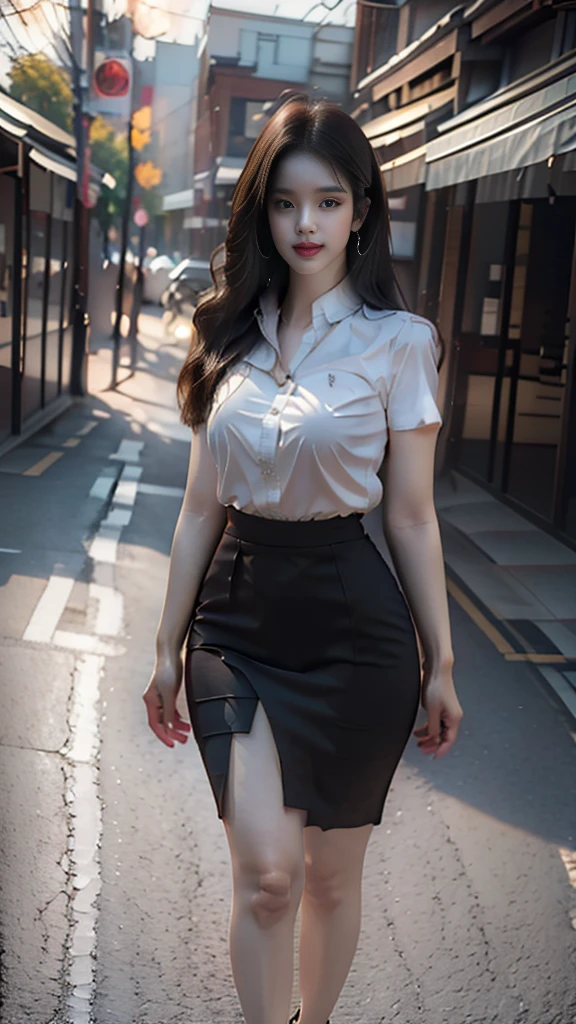 woman, (half-caste, thailand, Japan, Korea), ที่charming, Beauty enhancement, ((stand)), charming, charmingน่าหลงใหล, (Beautiful face, แต่งBeautiful face, Double eyelids, red lips), (black hair, long hair long hairมาก, long hairตรง, long hair, The wind is blowing), มุมมองจากมุมสูงของwomanที่สวยงาม, The texture is realistic., dynamic gesture, (White short-sleeved shirt The shirt is thin and the skin is visible.), (elegant, big breasts, The chest is clearly visible., Seeing the chest mound., I saw a pile of milk.), (Short black pencil skirt, Very short, กระโปรงพร้อมเข็มขัดwoman), (Symmetrical shape, sexy figure, small waist, Long legs), (Pitch black high heels, earring, Put on a watch, student brooch), (full body photo, Look at every part of the body.), university backdrop