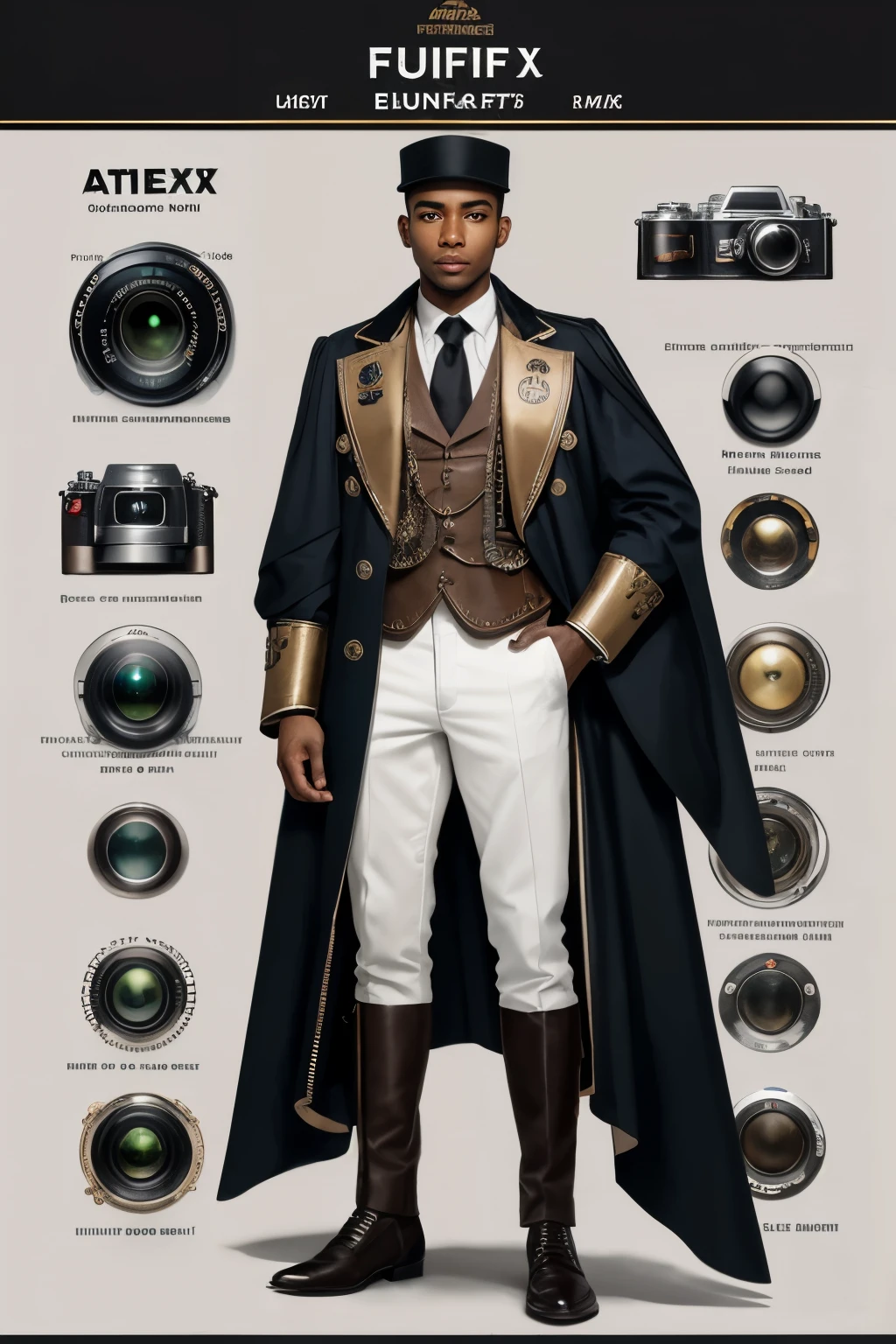 black male engineer, wearing a white outfit, cloth have steampunk and Arabian ecstatic , full body shot, mix of bold dark lines and loose lines, bold lines, on paper, turnaround character sheet, a short fat mechanic in steampunk world, Bruce Tim drawing style (Eye makeup:1.1), (highly detailed skin:1.1), RAW, analog style, sharp focus, 8k UHD, DSLR, high quality, Fujifilm XT3, grain, award winning, masterpiece