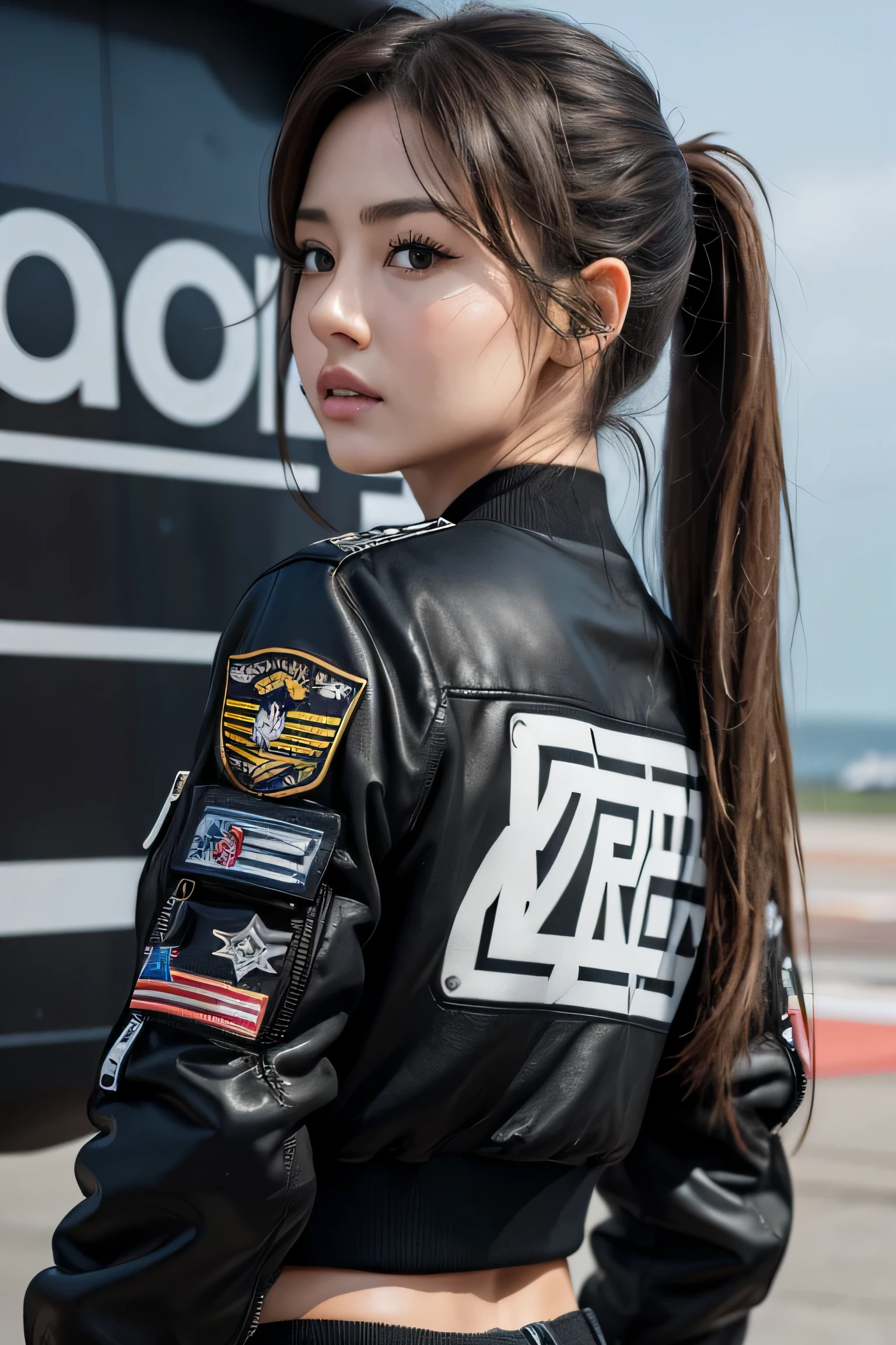 (masterpiece:1.2), ultra detailed, ultra high res, (realistic, photo realistic:1.37), high detail RAW color photo, professional photograph, extremely detailed face, extremely detailed eyes, extremely detailed skin, extremely detailed fingers, highly detailed nose, highly detail mouth, Perfect Anatomy, Highly detailed background, (famous actress of Japan:1.2), (gyaru:1.2), (flat chest), brown race, dark skin, ponytail, (wearing black air bomber jacket with many patches, cargo pants:1.25), (flight deck of aircraft carrier:1.5), from behind,