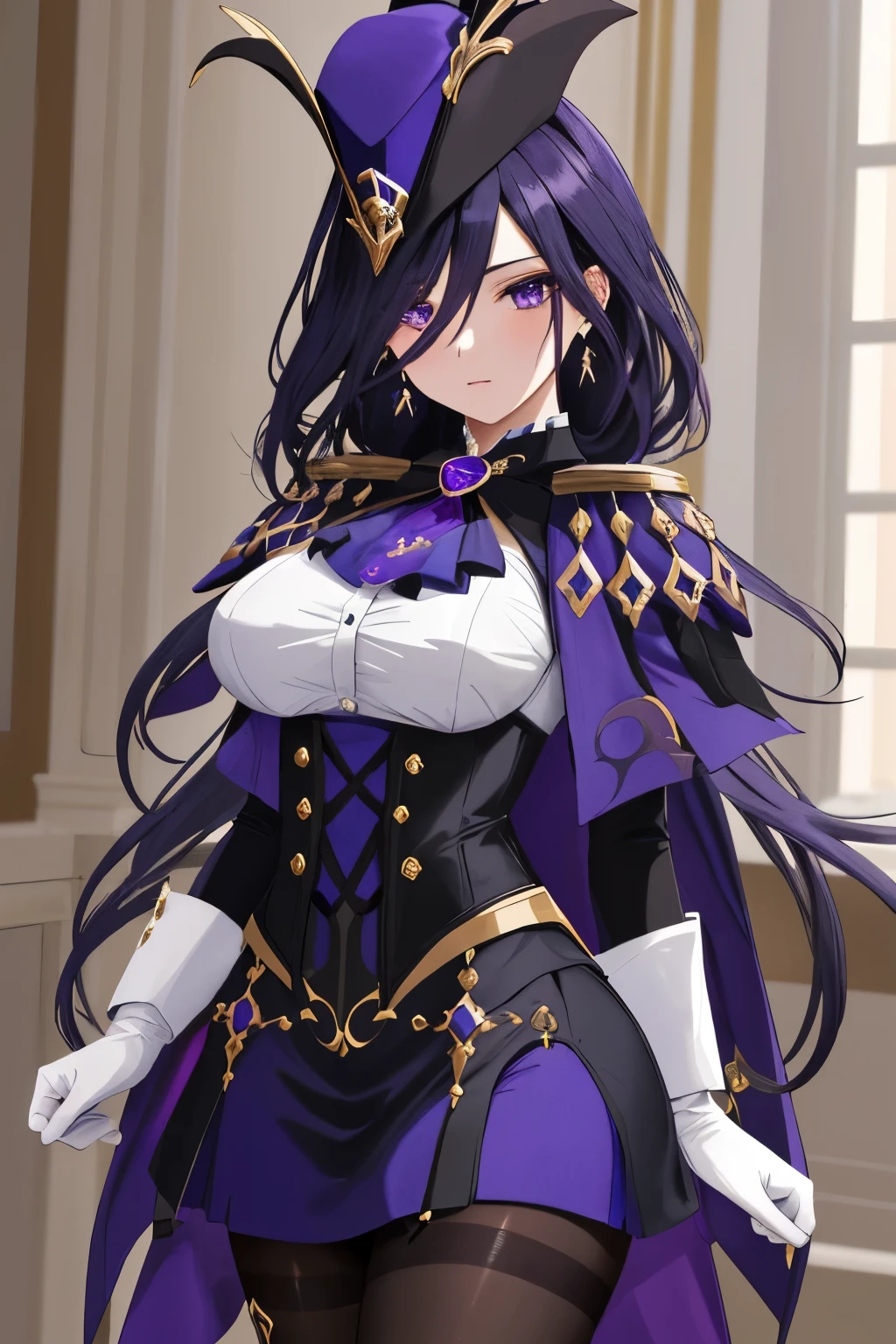 masterpiece, best quality, highly detailed, 1girl, solo, giclorinde, purple eyes, large breasts, hair between eyes, long hair, dark blue hair, earrings, black skirt, miniskirt, pantyhose, purple ascot, purple capelet, black corset, black pantyhose, black skirt, white gloves, , hat, tricorne, 