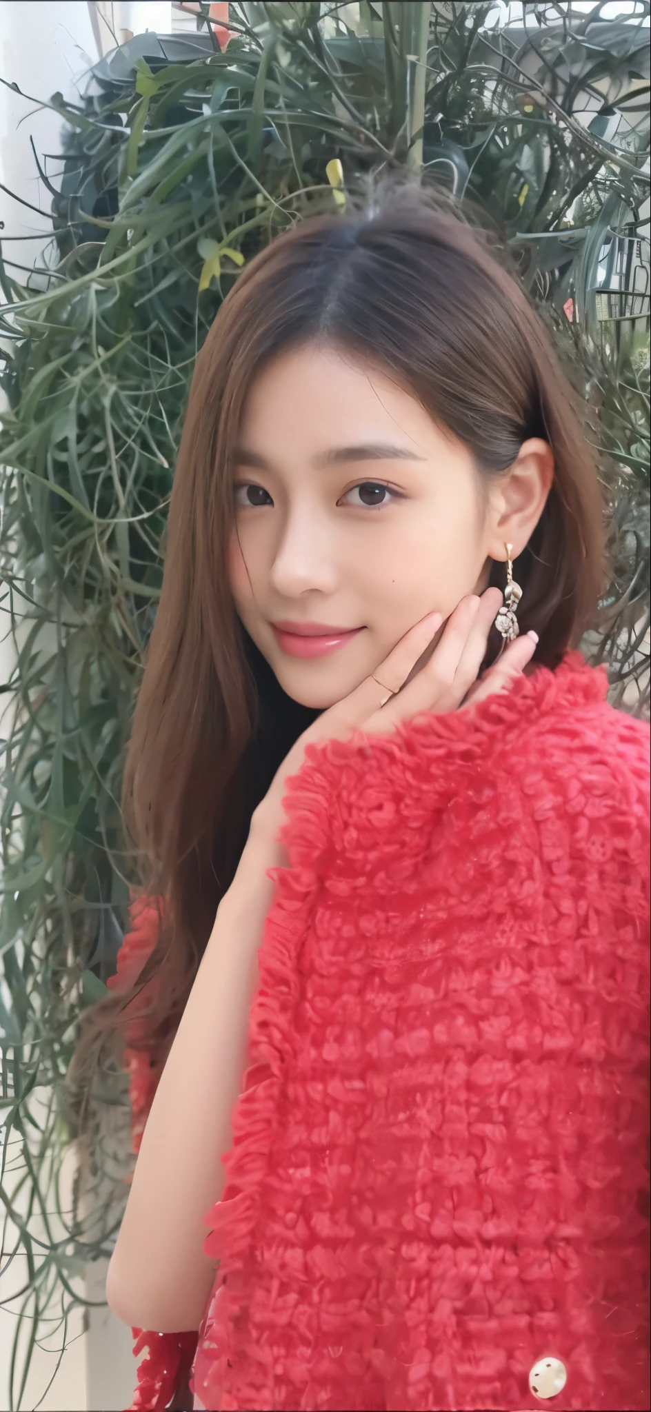 ((Masterpiece, Top image quality, high resolution、alone、shiny skin))(on the table, best quality, actual, super detailed, meticulous, high resolution, 8k wallpaper), Close-up portrait of a beautiful woman, Chariada, smiling, light brown messy hair, Perfect dynamic composition, 美丽meticulous的眼睛, Just like the cover of a fashion magazine, on campus
