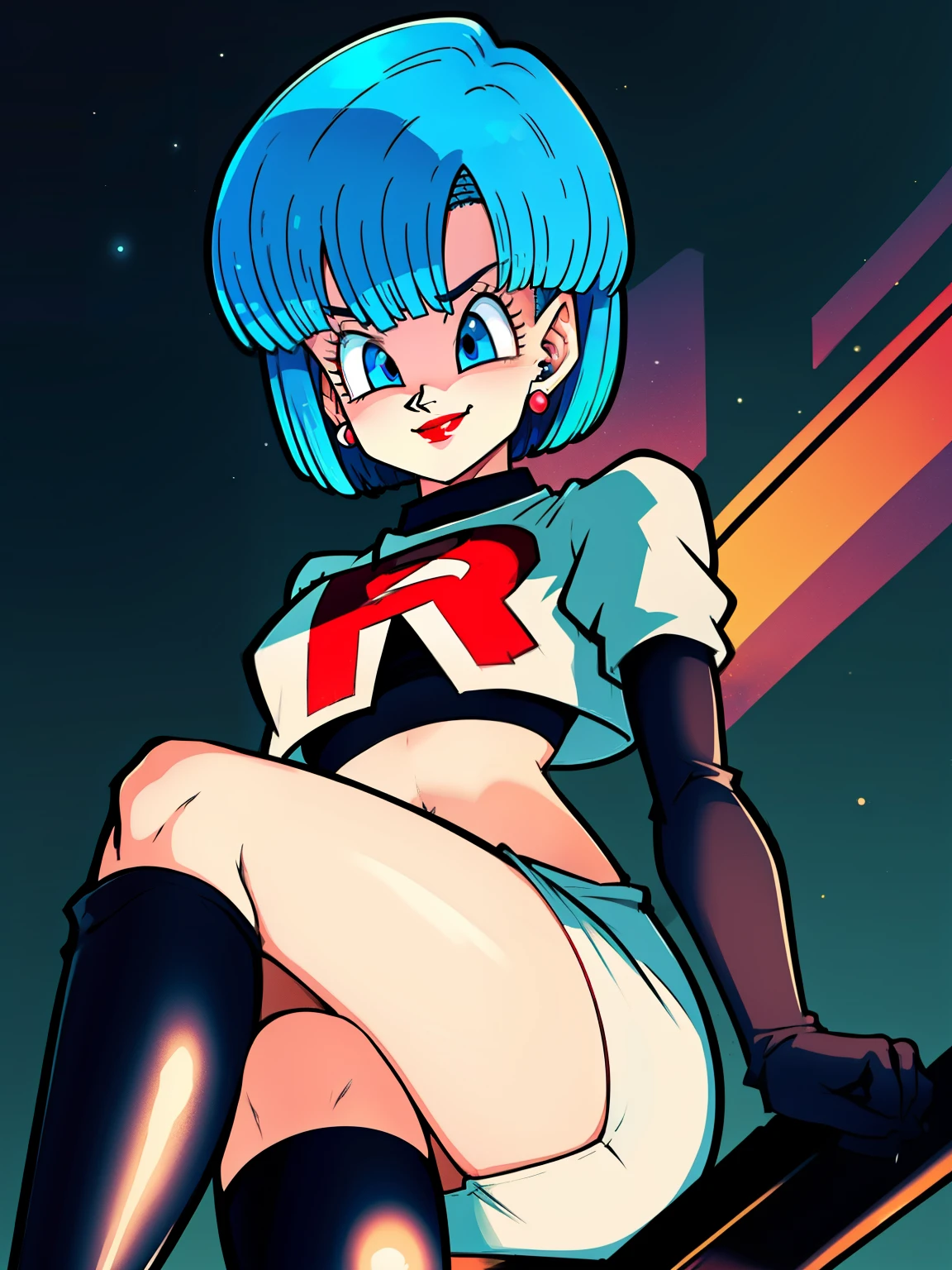 buruma_dbz_buu, aqua hair, short hair, blue eyes,earrings ,red lipstick, blue eye shadow, heavy makeup ,team rocket uniform, red letter R, white skirt,white crop top,black thigh-high boots, black elbow gloves, evil smile, looking down on viewer, sitting down ,legs crossed, night sky background