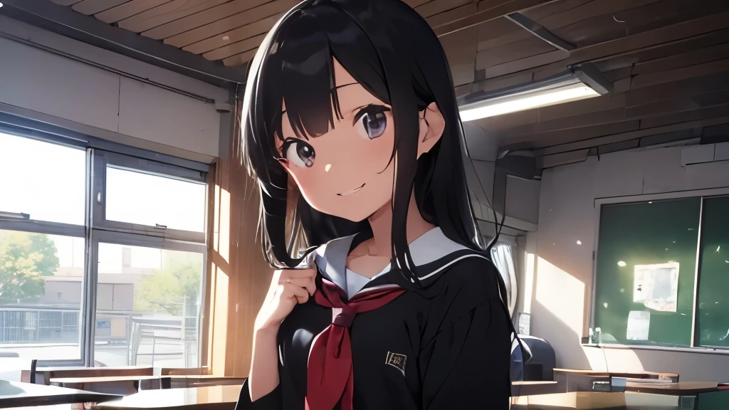 evening、School、high school student、16 years old、Energetic girl、cute、hair is black and long、very smiling、Black Sarah Outfit、Preparing for the school festival、evening