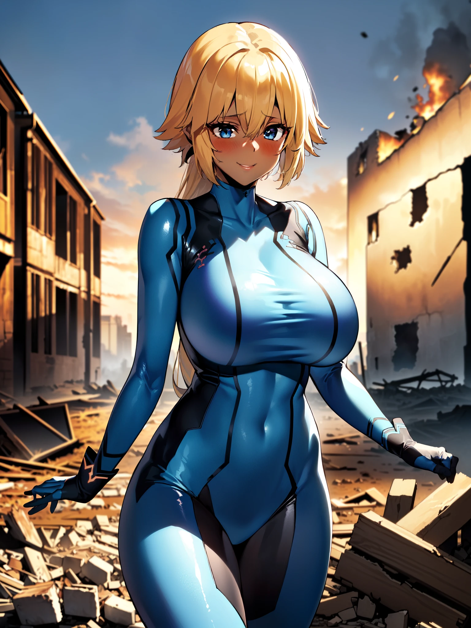 masterpiece, best quality, extremely detailed, 1girl, mature female, solo, (dark skin, black skin:2), jeanne darc, (huge breasts), ((((blonde hair), blue eyes, long hair))), parted lips, (((zero suit, blue gloves))), ((blush, naughty smile), closed mouth), ((touching own ear, destroyed buildings))