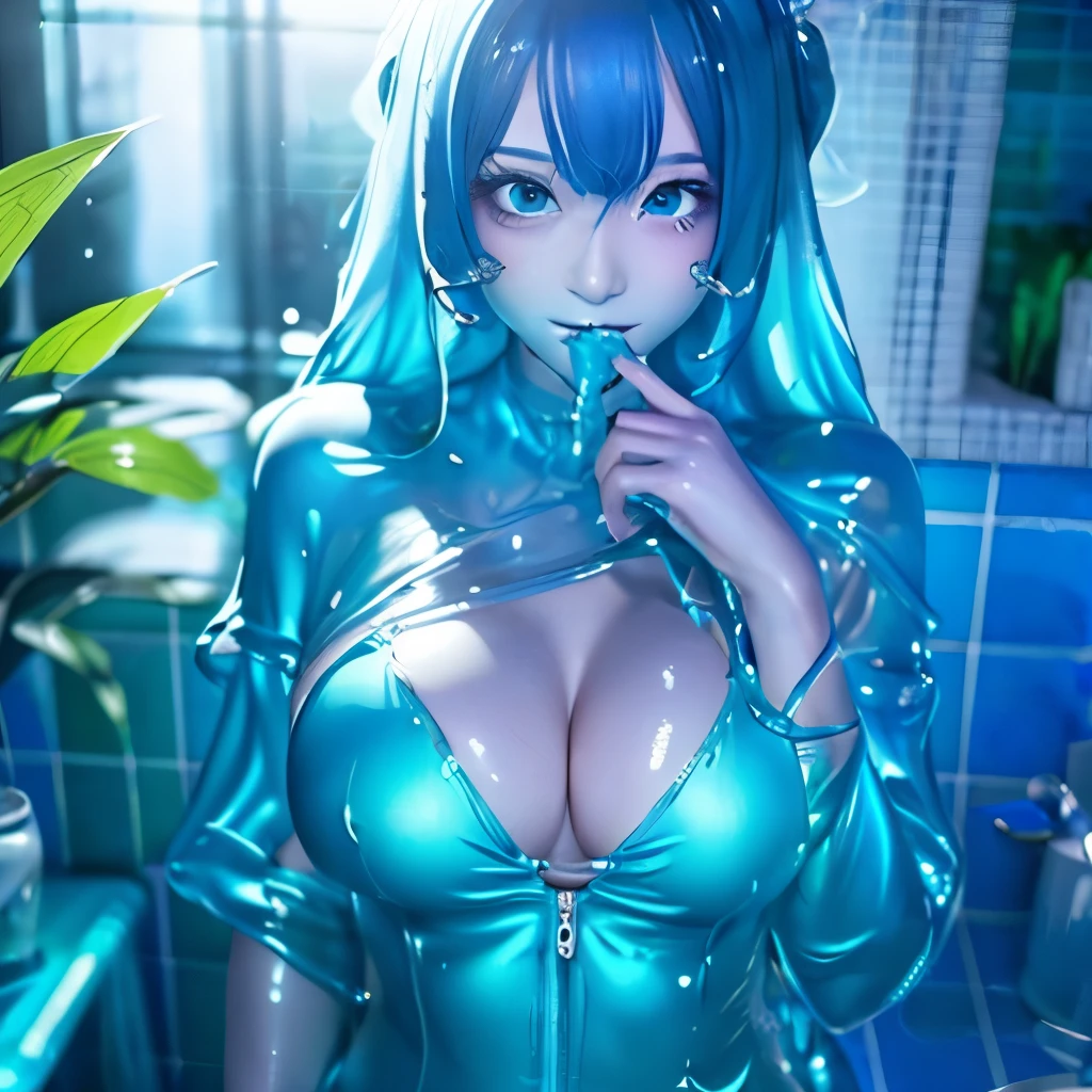 (hight resolution,masutepiece:1.2),Ultra-detailed,(Realistic:1.37), blue mucus floating around, slime girl, covered in blue slime, (partially transparent), (Wet with water), (blue sweat), Slimy blue liquid dripping from her body. Her hair is also covered in blue slime. blue slime scatters, Blue hair, blue eyes
