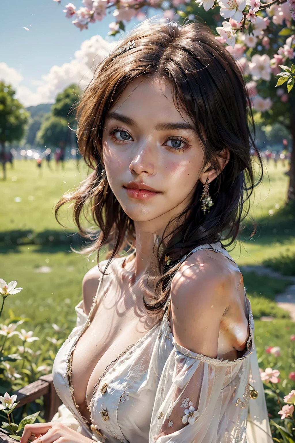 best quality,masterpiece,ultra high res,(photorealistic:1.4),raw photo,1girl,white dress,off shoulder,blossom flower field,glowing skin,light smile,beautiful detailed eyes,beautiful detailed lips,longeyelashes,natural sunlight,soft breeze,delicate cherry blossoms,lush green grass,vibrant colors,ethereal atmosphere,enchanting scenery,warm spring day,serene and tranquil,subtle and sophisticated,feminine and elegant,vivid and lifelike,graceful and dreamy,delicate and refined,harmonious and peaceful,natural beauty,instantly captivates,visions of tranquility,timeless elegance,majestic and enchanting.