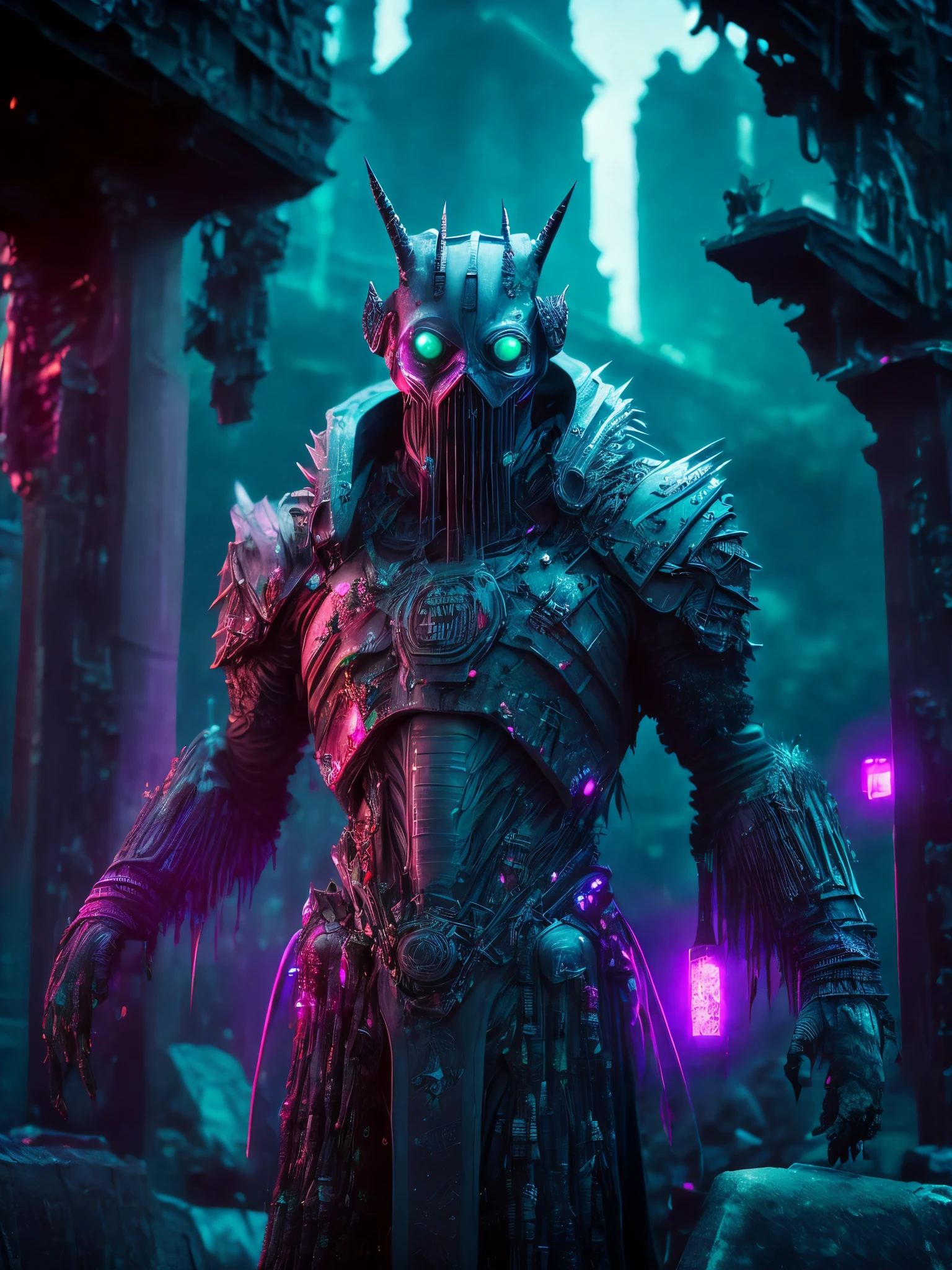 Full Grim portrait of the DC Plastic-monster wrapped in dirty plastic with intricate angular cybernetic implants inside a brutalist building, gothic brutalist graveyard, cyberpunk, Foto premiada, Bokeh, Neon lights, cybernetic