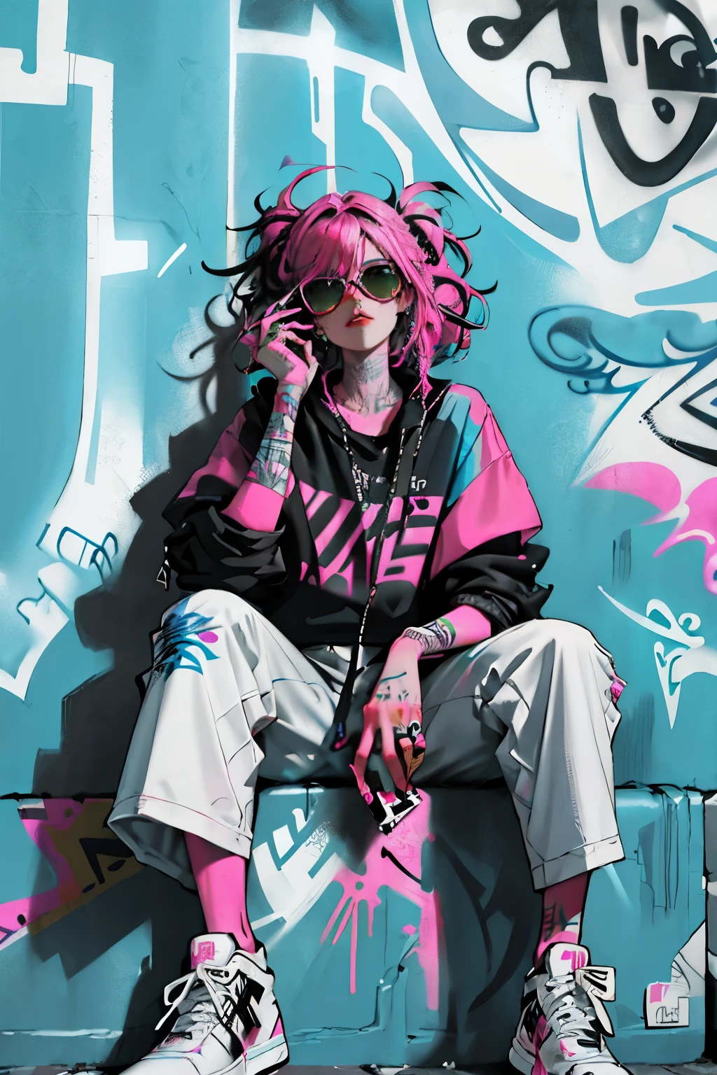 HD, (Best Detail) (Best Quality), Aalfi woman in sunglasses sitting in chair on sofa, (((Graffiti art))), (((Trigger studio style, graffiti art, rock punk, neon colors))), Carne Griffiths