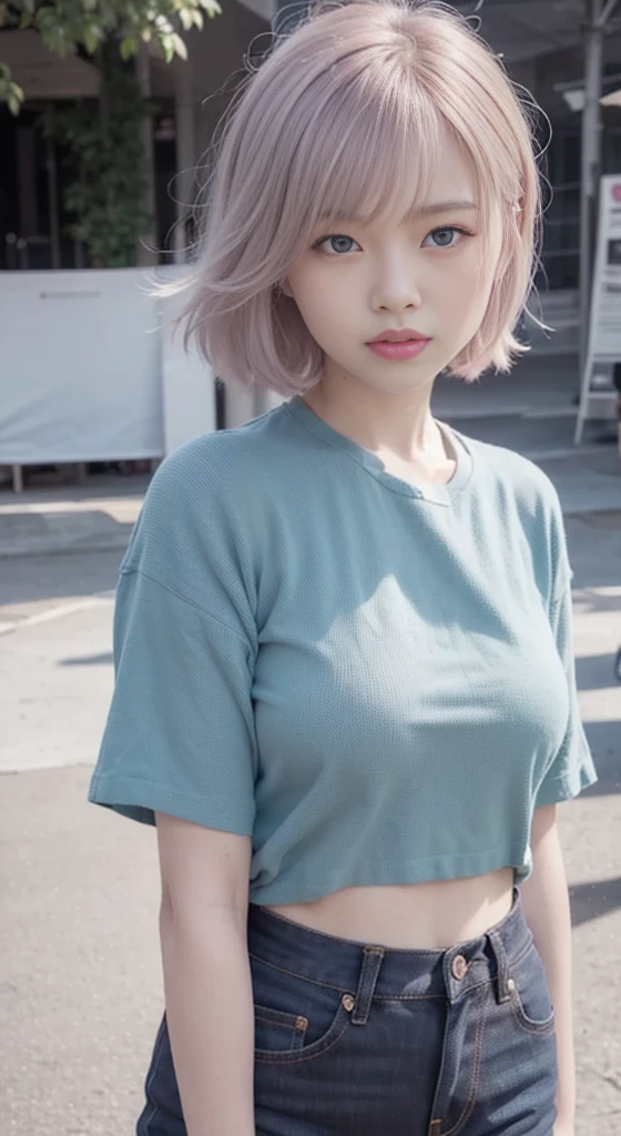(a blue denim skirt),high-quality fabric,skinny fit,premium stitching,distressed details, classic five-pocket design,sleek and polished look,versatile and timeless style (best quality,ultra-detailed),dark and edgy aesthetics,vivid black color scheme,sharp lighting effects, pink hair, REALISTIC BLUE EYES:1.37, High resolution 1.2, (8k, RAW Photo, Best quality, Masterpiece), (realistic, photorealistic:1.4), Ultra detailed, big face:1.2, On the beach , sexy, medium height, beautiful woman, Yukata Beauty, upper body, sexy, close-up, (realistic blue eyes: 1.37), Asian woman with thin pink hair:1.37 Cheng Yi, fine pink hair:1.37, inspired by Yanjun Cheng, flowing pink hair:1.37, realistic face, beautiful face, realistic skin tone, soft mouth, short pink hair:1.37, realistic pink short hair:1.37, very pretty, full body, realistic face、(8k、raw photography、premium、different poses in the beach:1.2, printed boho style shirt, in the beach