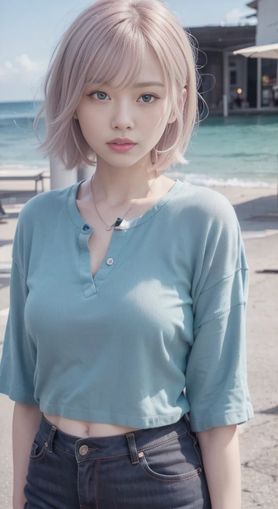 (a blue denim skirt),high-quality fabric,skinny fit,premium stitching,distressed details, classic five-pocket design,sleek and polished look,versatile and timeless style (best quality,ultra-detailed),dark and edgy aesthetics,vivid black color scheme,sharp lighting effects, pink hair, REALISTIC BLUE EYES:1.37, High resolution 1.2, (8k, RAW Photo, Best quality, Masterpiece), (realistic, photorealistic:1.4), Ultra detailed, big face:1.2, On the beach , sexy, medium height, beautiful woman, Yukata Beauty, upper body, sexy, close-up, (realistic blue eyes: 1.37), Asian woman with thin pink hair:1.37 Cheng Yi, fine pink hair:1.37, inspired by Yanjun Cheng, flowing pink hair:1.37, realistic face, beautiful face, realistic skin tone, soft mouth, short pink hair:1.37, realistic pink short hair:1.37, very pretty, full body, realistic face、(8k、raw photography、premium、different poses in the beach:1.2, printed boho style shirt, in the beach
