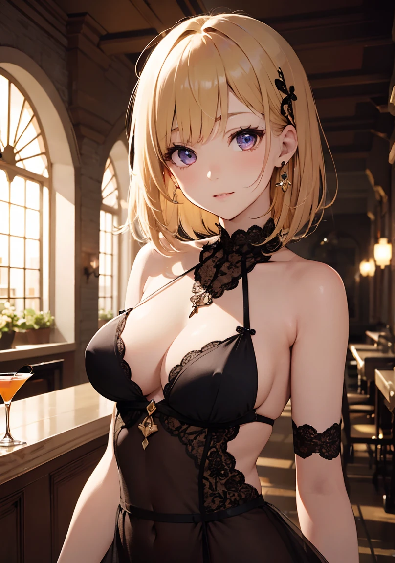 masterpiece, absurdres, best quality, ultra detailed, high Resolution, detailed illustration, extremely beautiful detailed face and eyes, bright colour, 1girl, (), cute face, Delicate beautiful face, magenta eyes, cute eyes, sparkling eyes, big eyes, medium breasts, (perky breasts:1.1), (pointy breasts:1.1), medium hips, glamorous body, white skin, happy, BREAK, long bob cut, (blonde hair:0.8), messy hair, detailed hair, shiny hair, BREAK cocktail dress, tiny ribbon, hostess, cabaret club, real world, natural lights, perfect lighting,