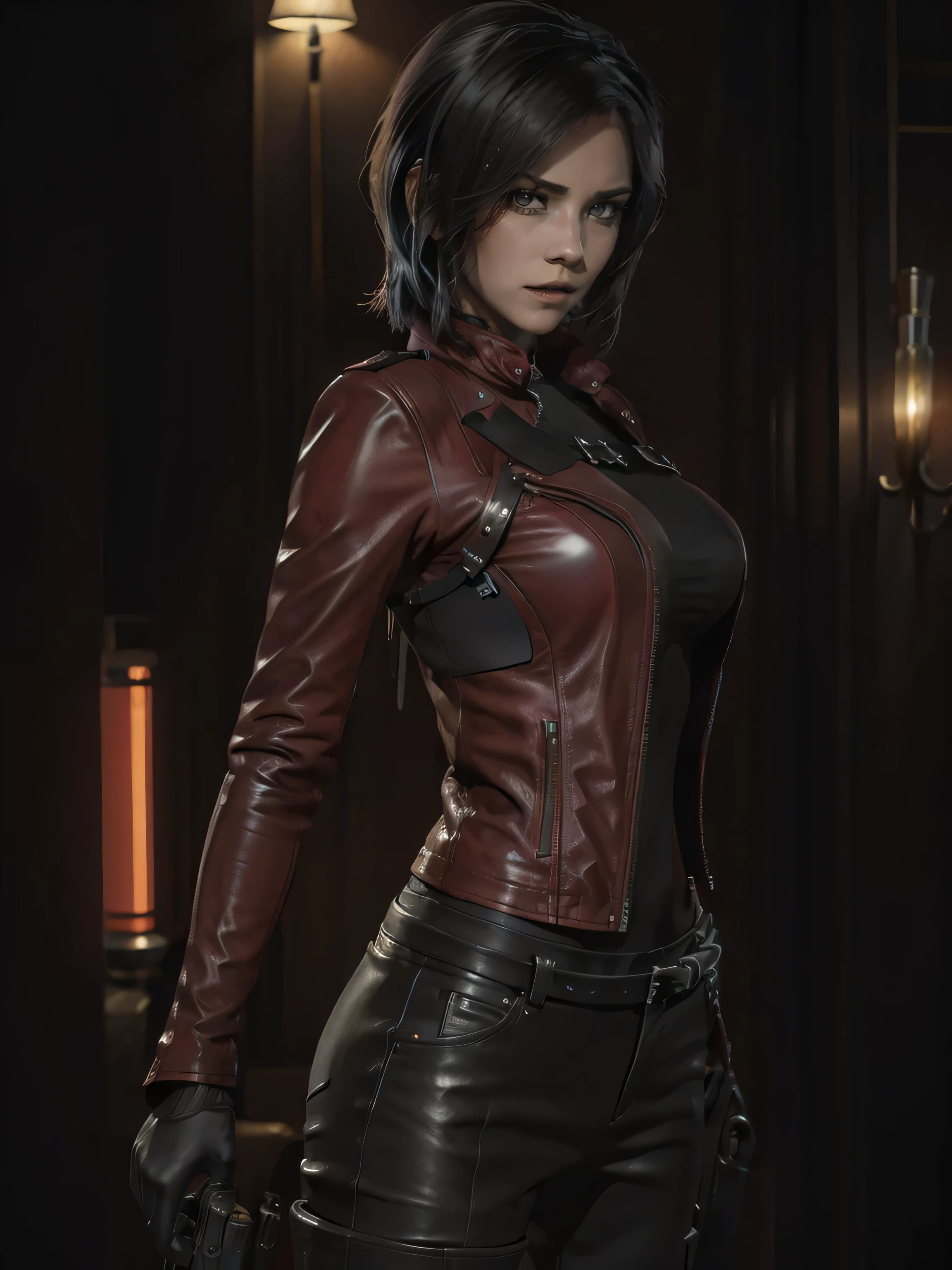 a beautiful 25 years old British female vampire mercenary with short black hair, pale skin, wearing red leather jacket and black tight pants, holding dual handguns, view from front, waist up shot, dynamic pose, ambient lighting, photo realism, intricate face detail, intricate hand details, highly detailed, vibrant colors, cinematic, high definition, trending on Artstation--style raw