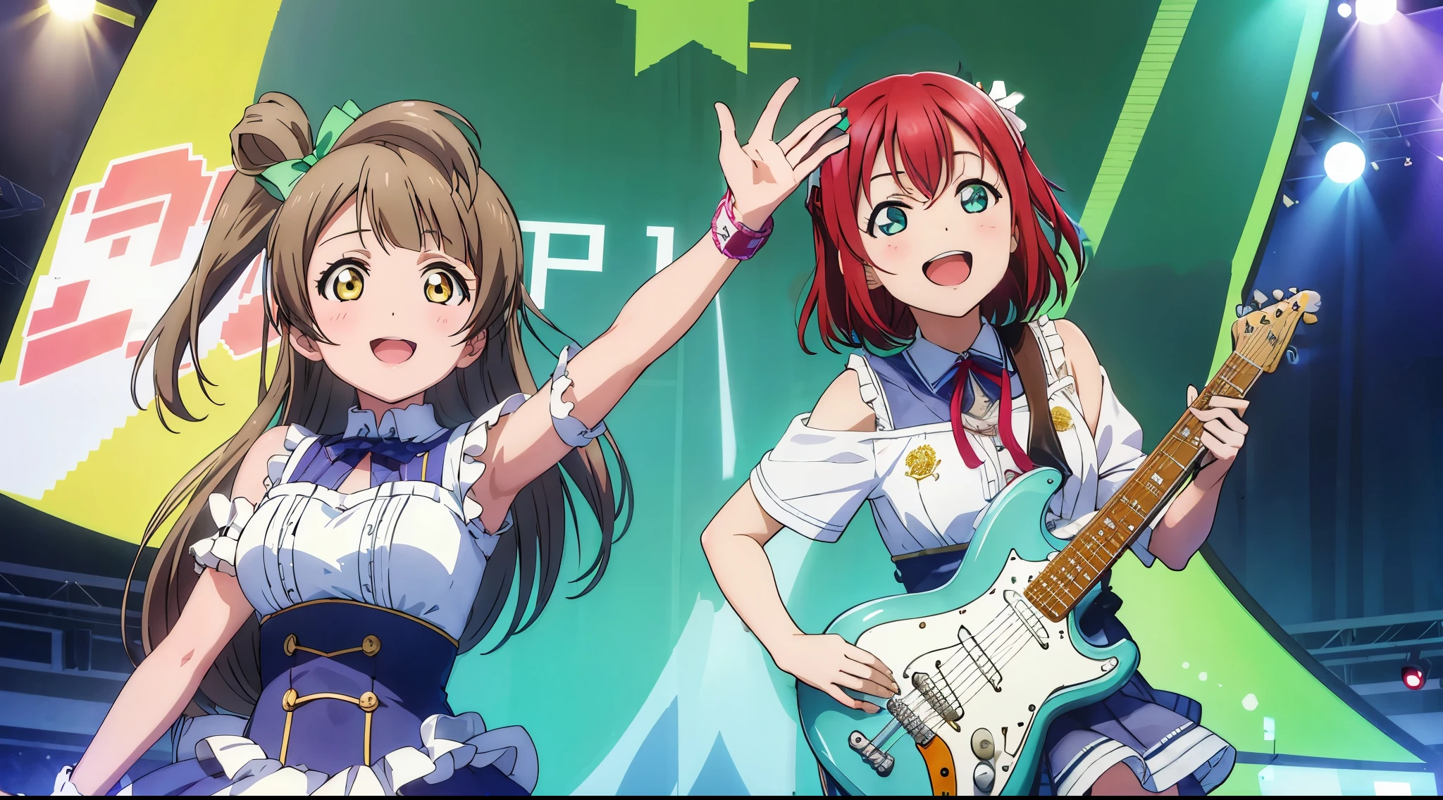 Ruby kurosawa, aqua eyes, medium hair, red hair, two side up, twintails, (sing) , use guitar 