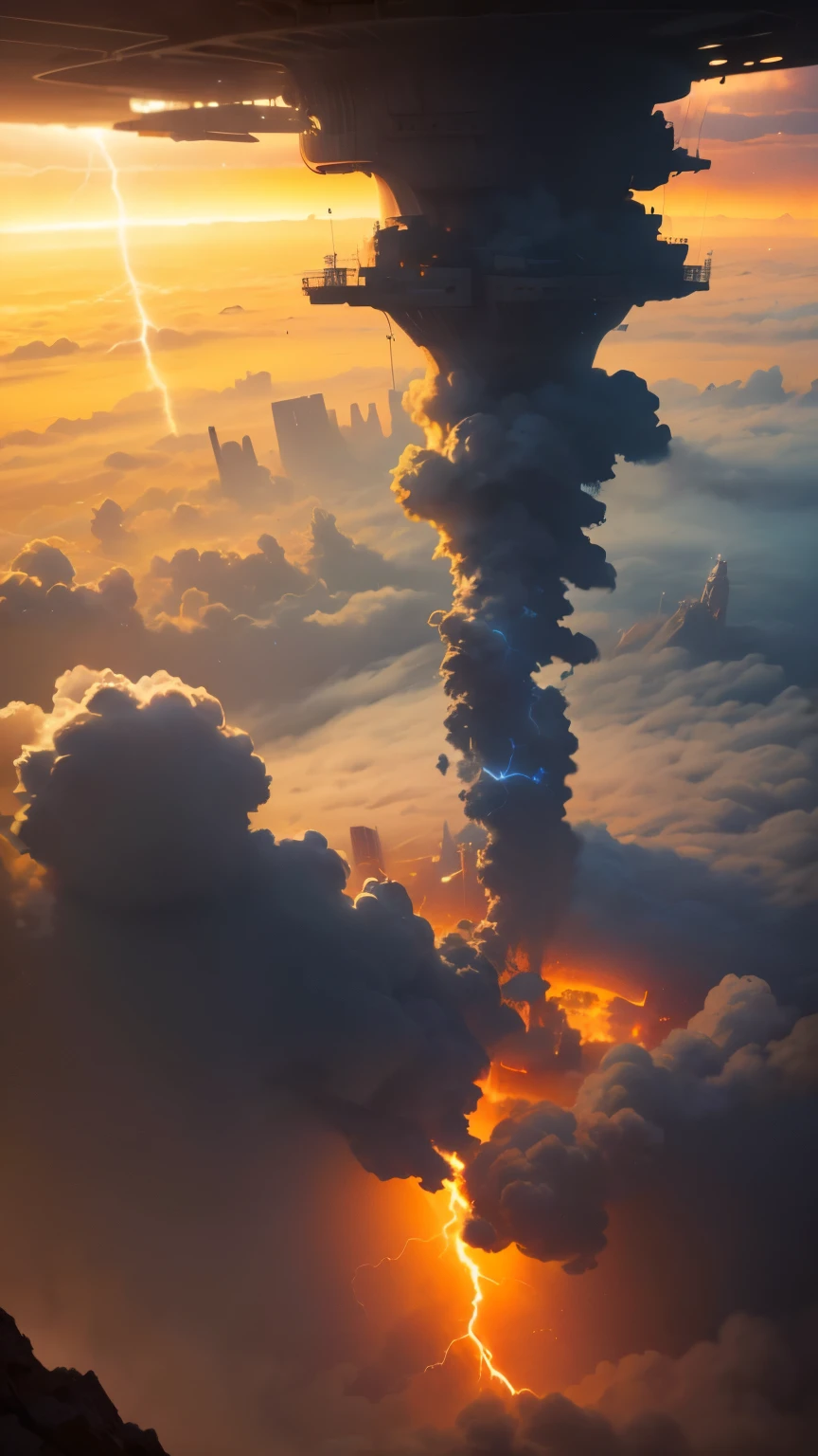 (Best quality,4K,8K,A high resolution,Masterpiece:1.2),Ultra-detailed,(Realistic,Photorealistic,photo-realistic:1.37),Futuristic floating cities ,Futuristic technology,Huge high-tech tablet platform,Airships,Floating in the sky,Futuristic city,Small airships around,High-tech hemispherical platforms, city floating on lots of clouds thunderstorm and lightning, city on top of clouds severe lightning, clouds at bottom with extreme lighting and thunderstorm, golden yellow tones , late sunset, hot weather,city floating on desert, summer and thunderstorm and dust clouds, yellow sky, yellow orange clouds, hot summer, multiple cities, birds eye view, tornado, wind whirlpool, cities floating in storm, extreme thunderstorm