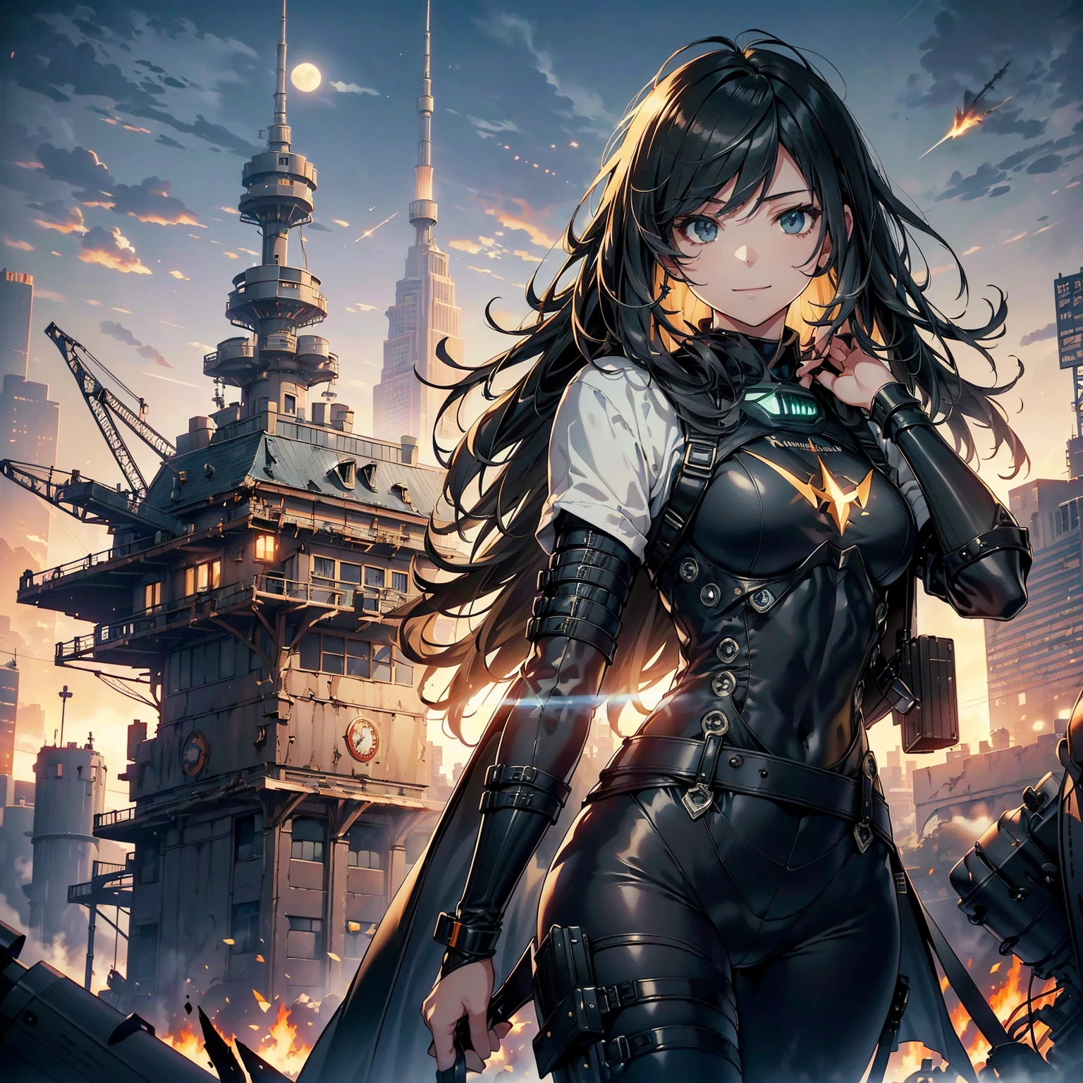 (highest quality，T Masterpiece，final solution，whole body):(24 year old female fighter，Slender、small face、Black Super Short Hair、Shiny black tight combat uniform，tight suit，dynamic angle、dynamic action、(dynamic pose:1.2)、normal posture，normal posture、Gentle smile、Backpack)、(Time Machine、Computer、skyscraper gun、weapons of the future、(Backpack:1.1)、Real World、Plankton rattle field、volumetric fog、gray fog、cigarette、 explosion、apocalyptic、destroyed city background、burning building:1.3、splash of water、starry ski、huge moon、Earth、destroyed giant robot、radio tower、airplane flying overhead、shooting star rocket truck、broken car、derailed train、tank、giant weapon、electronic equipment、Luminous mechanism)