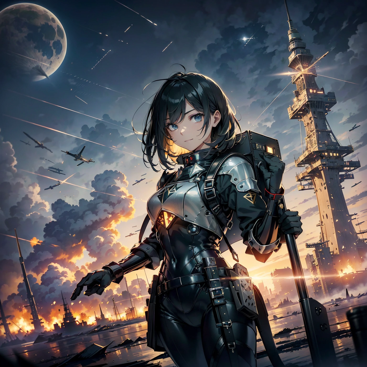 (highest quality,T Masterpiece,final solution,whole body):(24 year old female fighter,Slender、small face、Black Super Short Hair、Shiny black tight combat uniform,tight suit,dynamic angle、dynamic action、(dynamic pose:1.2)、normal posture,normal posture、Gentle smile、Backpack)、(Time Machine、Computer、skyscraper gun、weapons of the future、(Backpack:1.1)、Real World、Plankton rattle field、volumetric fog、gray fog、cigarette、 explosion、apocalyptic、destroyed city background、burning building:1.3、splash of water、starry ski、huge moon、Earth、destroyed giant robot、radio tower、airplane flying overhead、shooting star rocket truck、broken car、derailed train、tank、giant weapon、electronic equipment、Luminous mechanism)