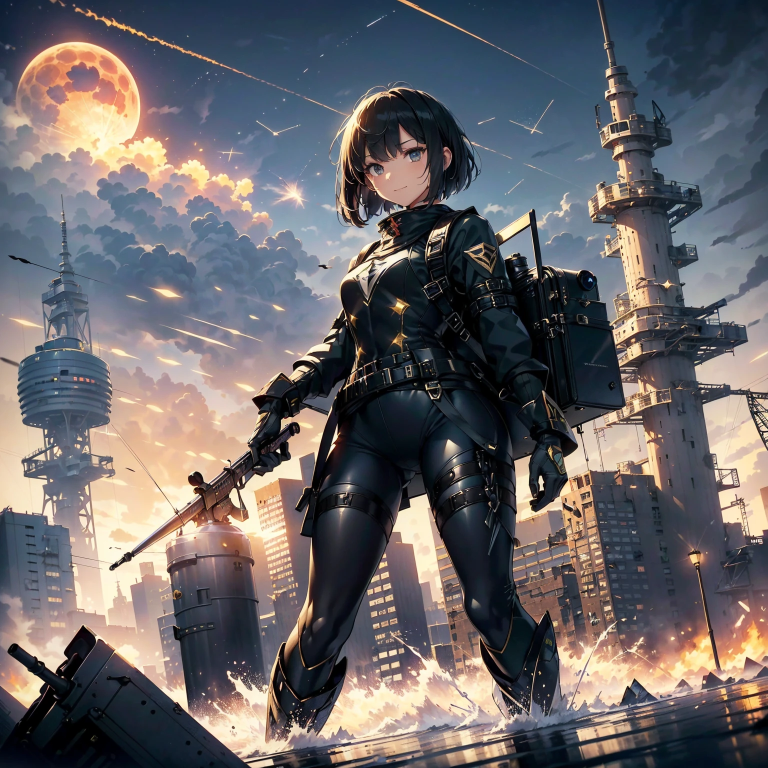 (highest quality,T Masterpiece,final solution,whole body):(24 year old female fighter,Slender、small face、Black Super Short Hair、Shiny black tight combat uniform,tight suit,dynamic angle、dynamic action、(dynamic pose:1.2)、normal posture,normal posture、Gentle smile、Backpack)、(Time Machine、Computer、skyscraper gun、weapons of the future、(Backpack:1.1)、Real World、Plankton rattle field、volumetric fog、gray fog、cigarette、 explosion、apocalyptic、destroyed city background、burning building:1.3、splash of water、starry ski、huge moon、Earth、destroyed giant robot、radio tower、airplane flying overhead、shooting star rocket truck、broken car、derailed train、tank、giant weapon、electronic equipment、Luminous mechanism)