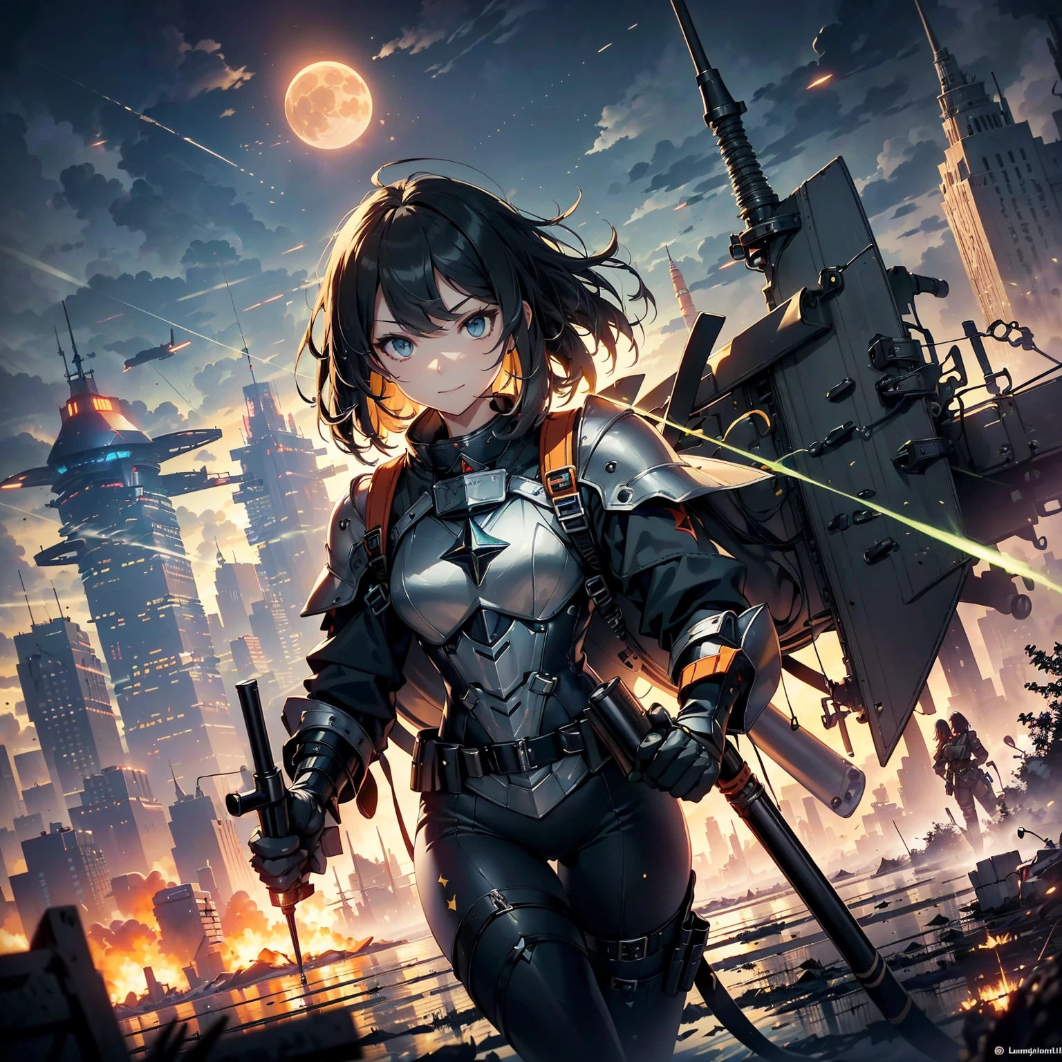 (highest quality,T Masterpiece,final solution,whole body):(24 year old female fighter,Slender、small face、Black Super Short Hair、Shiny black tight combat uniform,tight suit,dynamic angle、dynamic action、(dynamic pose:1.2)、normal posture,normal posture、Gentle smile、Backpack)、(Time Machine、Computer、skyscraper gun、weapons of the future、(Backpack:1.1)、Real World、Plankton rattle field、volumetric fog、gray fog、cigarette、 explosion、apocalyptic、destroyed city background、burning building:1.3、splash of water、starry ski、huge moon、Earth、destroyed giant robot、radio tower、airplane flying overhead、shooting star rocket truck、broken car、derailed train、tank、giant weapon、electronic equipment、Luminous mechanism)