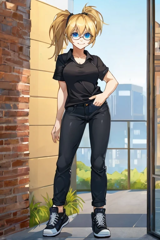 sexy female, blue eyes, blond hair, ponytail, (((1girl))), (((black shirt))), (denim pants), (black sneakers), (white short sleeve jacket), full body, cute and sexy, (glasses), long legs, smiling