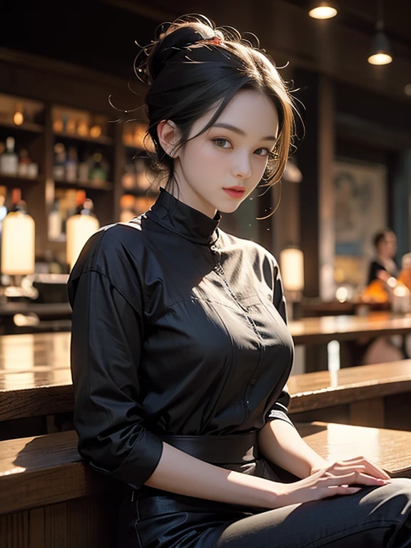 Portrait of Abigail: Stunning woman with an updo, Sitting in a nightclub bar. This masterpiece is of the highest quality, super detailed, Best for 8k HDR wallpapers. Features cinematic lighting with sharp focus and intricate details.