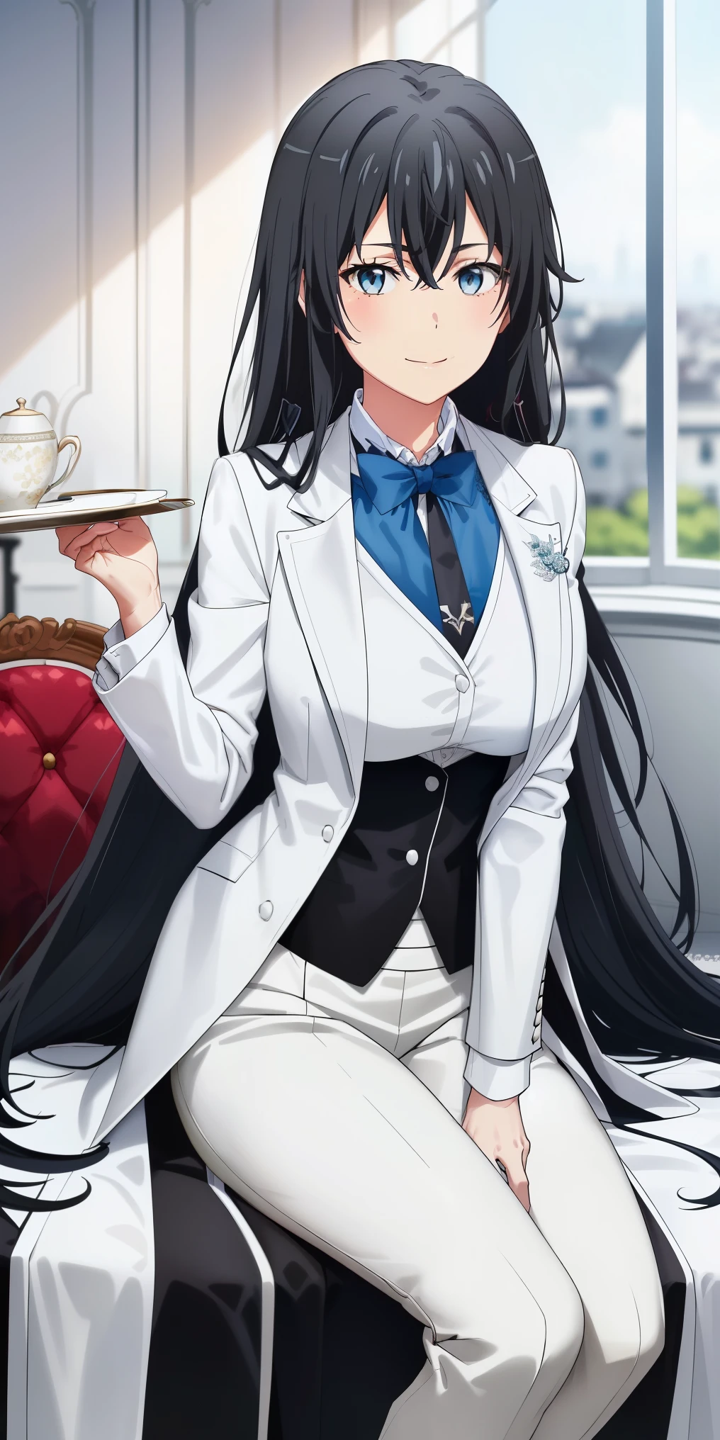 ((best quality)), ((masterpiece)), (detailed) 1girl 1girl, ;\), blurry, blurry_background, breasts, , hair_long looking_at_viewer, ok_sign, open_hand, Yukinoshita Yukino ,Woman wearing formal clothes, An attractive coat sitting on chair in the room , 1girl, 独奏, blue necktie, Black hair, eyes blue, long hair, smile , collared shirt, white pants, white shirt , Elegantly designed coat , Stand in front of a window ,Perfectly tailored tailcoat. It has a stunning Victorian design and is made of lustrous fabric , full body ,tailcoat butler suit, elegant pose, serene expression, flowing long hair, soft lighting, pastel color palette, detailed lace and embroidery, realistic portrait, fine brushwork, delicate facial features, captivating eyes, graceful gestures, refined atmosphere, vintage decor, polished silverware, elaborate floral arrangement, polished marble floors