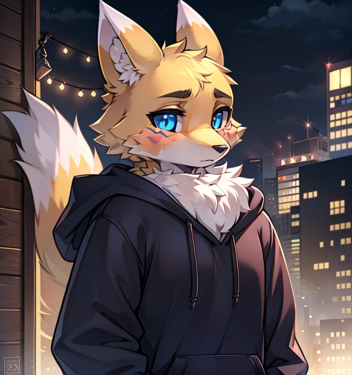 Raymond, hairy female, Humanity, Fox girl, portrait, close up,  (hoodie:1.2),  fur trim, alone, (body hair:1.2), (best quality), (detailed city background:1.2), dramatic lighting, (Fine fluffy fur:1.1), looking at the audience,