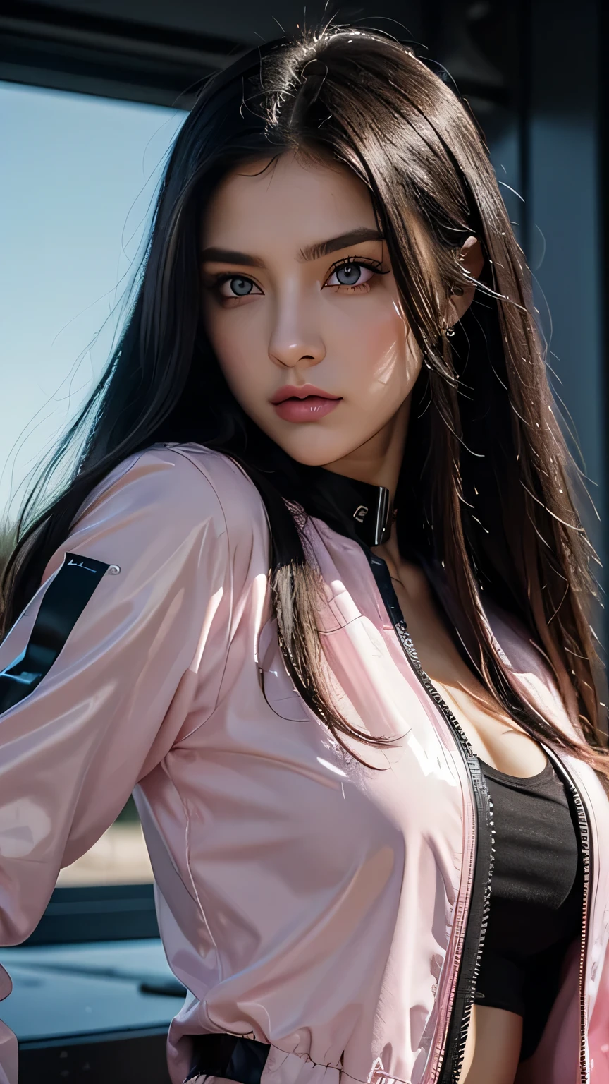 ((masterpiece))) whole body, whole body Shot (one girl) ((black hair, long hair, straight hair, both sides up))), ((black eye))), eye shadow, eyeliner, Glow eye, hyper detail eyes, complicated eyes, beautiful eyes, fine eyes, (((star-shaped pupil, shining pink eyes))) 18-year-old girls. (Wearing a transparent jacket made of PVC material)) huge cool weapon Mechanical in hand, huge cool weapon Mechanical, Mecha, Mechaanism, Mechanical, open stance, combine