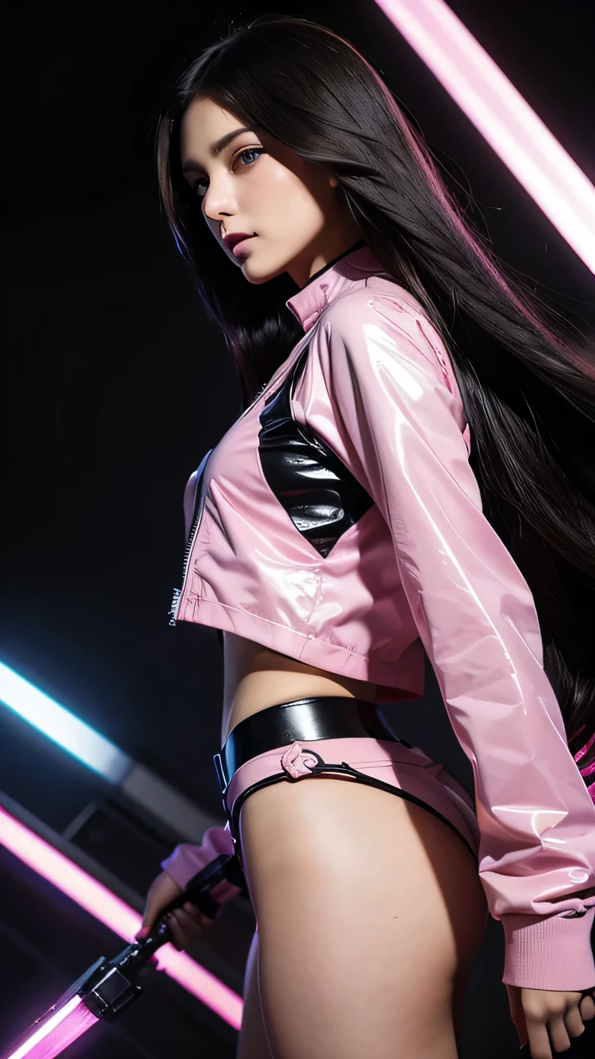 ((masterpiece))) whole body, whole body Shot (one girl) ((black hair, long hair, straight hair, both sides up))), ((black eye))), eye shadow, eyeliner, Glow eye, hyper detail eyes, complicated eyes, beautiful eyes, fine eyes, (((star-shaped pupil, shining pink eyes))) 18-year-old girls. (Wearing a transparent jacket made of PVC material)) huge cool weapon Mechanical in hand, huge cool weapon Mechanical, Mecha, Mechaanism, Mechanical, open stance, combine