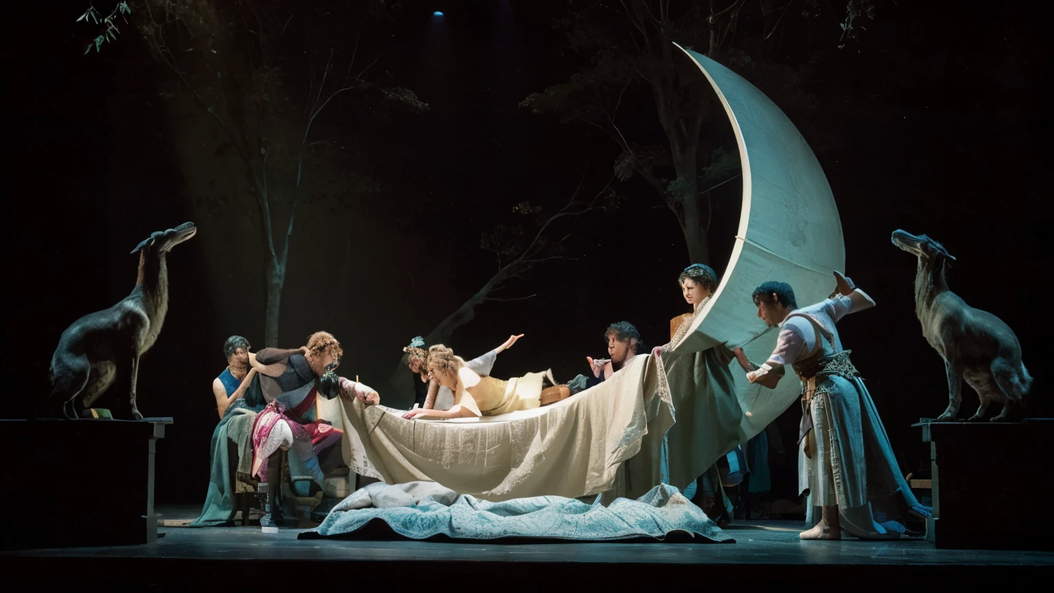 a group of people, standing on stage. performance Performance "A Midsummer Night's Dream", Spot lighting headset, Theatrical production