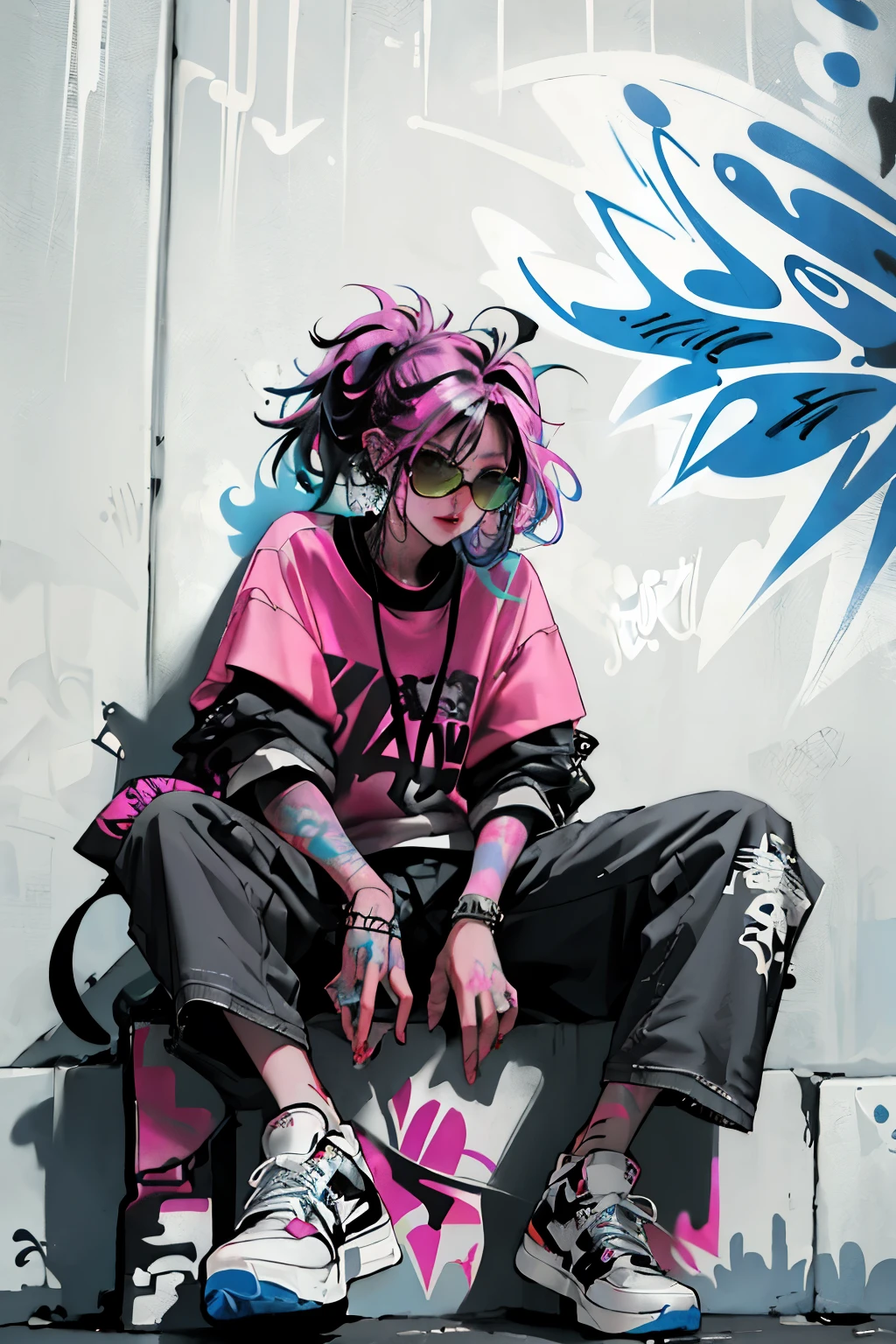 HD, (Best Detail) (Best Quality), Aalfi woman in sunglasses sitting in chair on sofa, (((Graffiti art))), (((Trigger studio style, graffiti art, rock punk, neon colors))), Carne Griffiths
