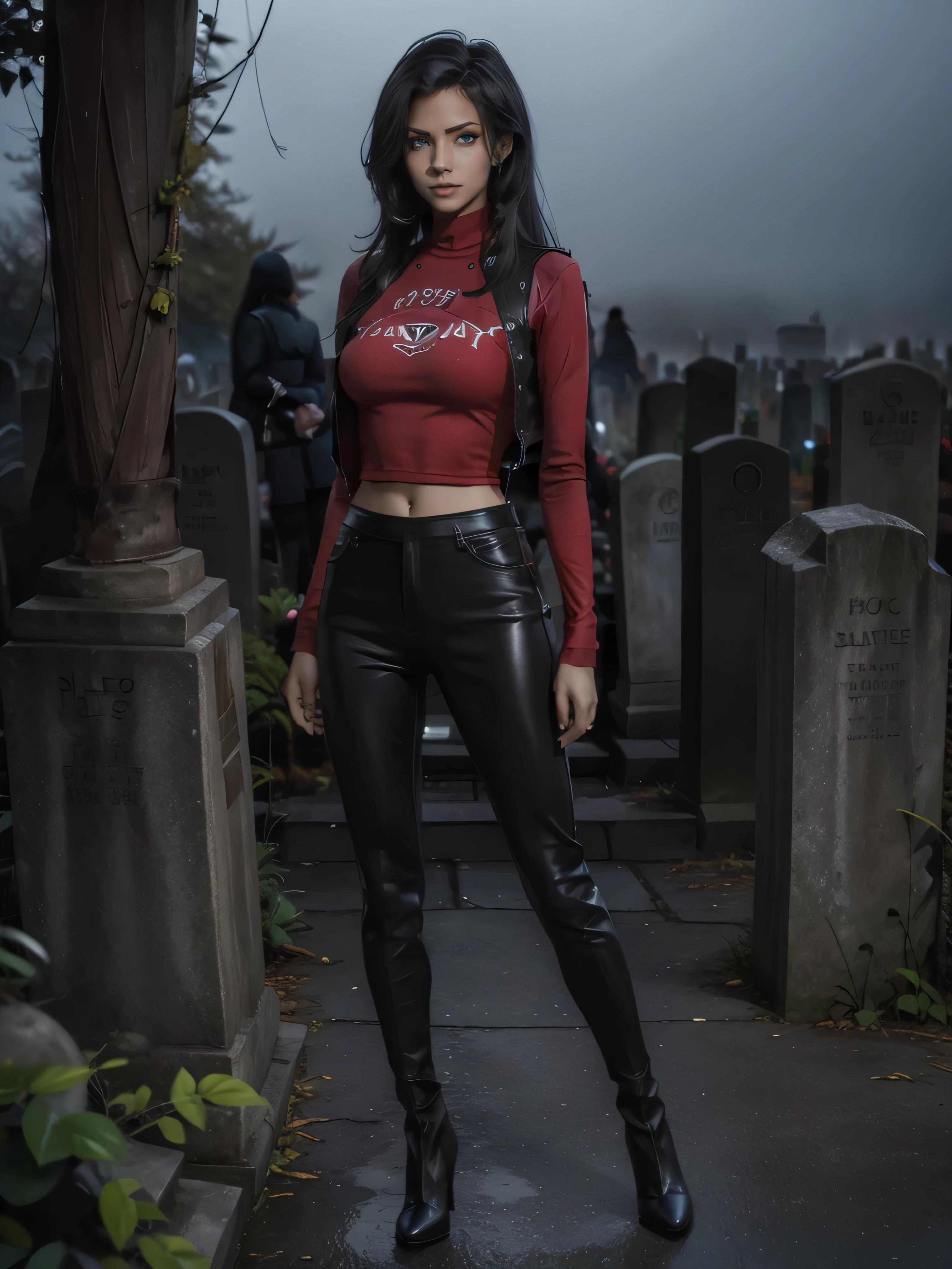 full body beautiful vampire girl sexy, bombshell, chest, long thighs, raven black long hair, mesmerizing green eyes, black leather pants, black long leather jacket, red t-shirt, black long leather boots, misty foggy cemetery at night