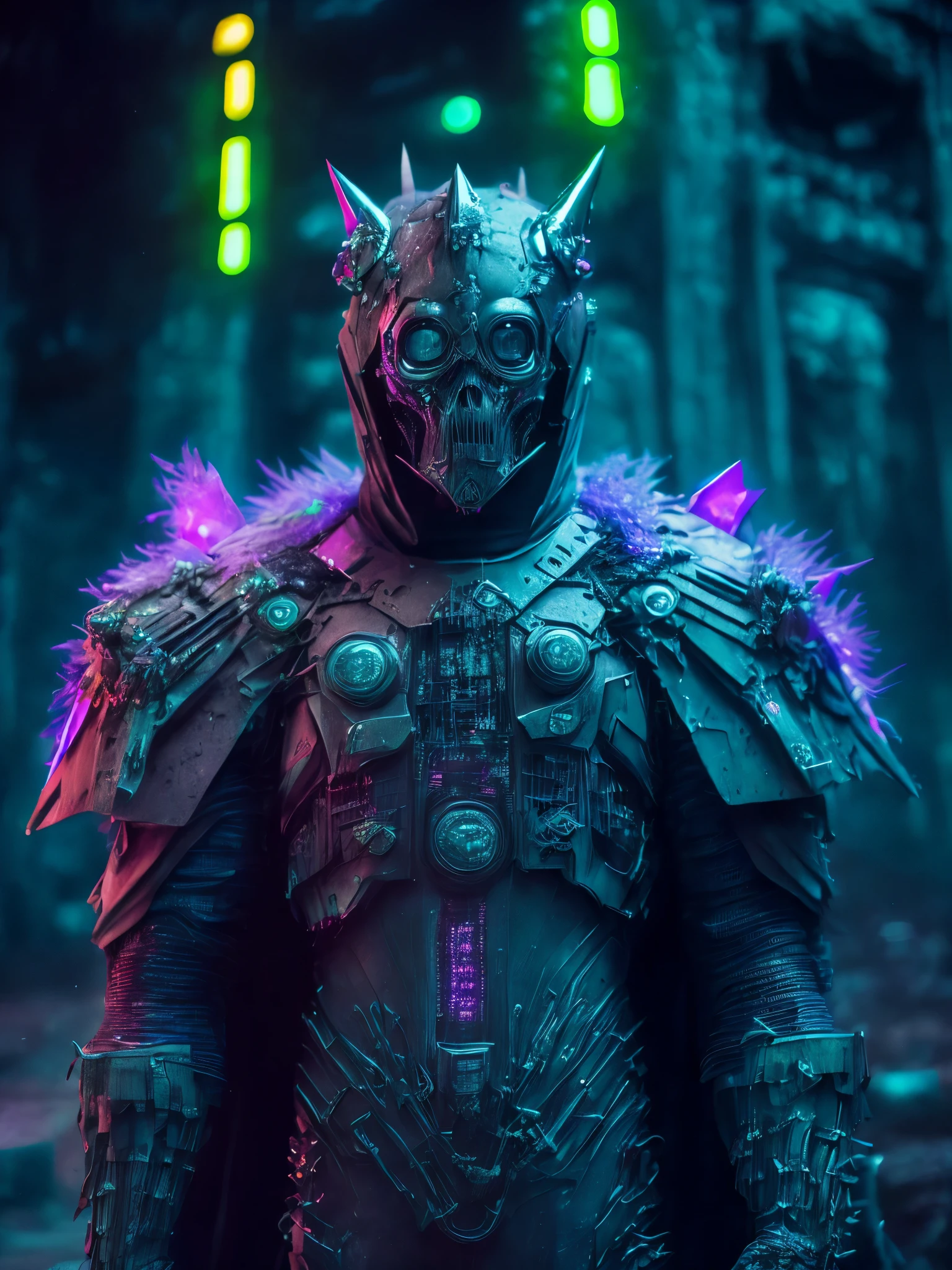 Full Grim portrait of the DC Plastic-monster wrapped in dirty plastic with intricate angular cybernetic implants inside a brutalist building, gothic brutalist graveyard, cyberpunk, Foto premiada, Bokeh, Neon lights, cybernetic