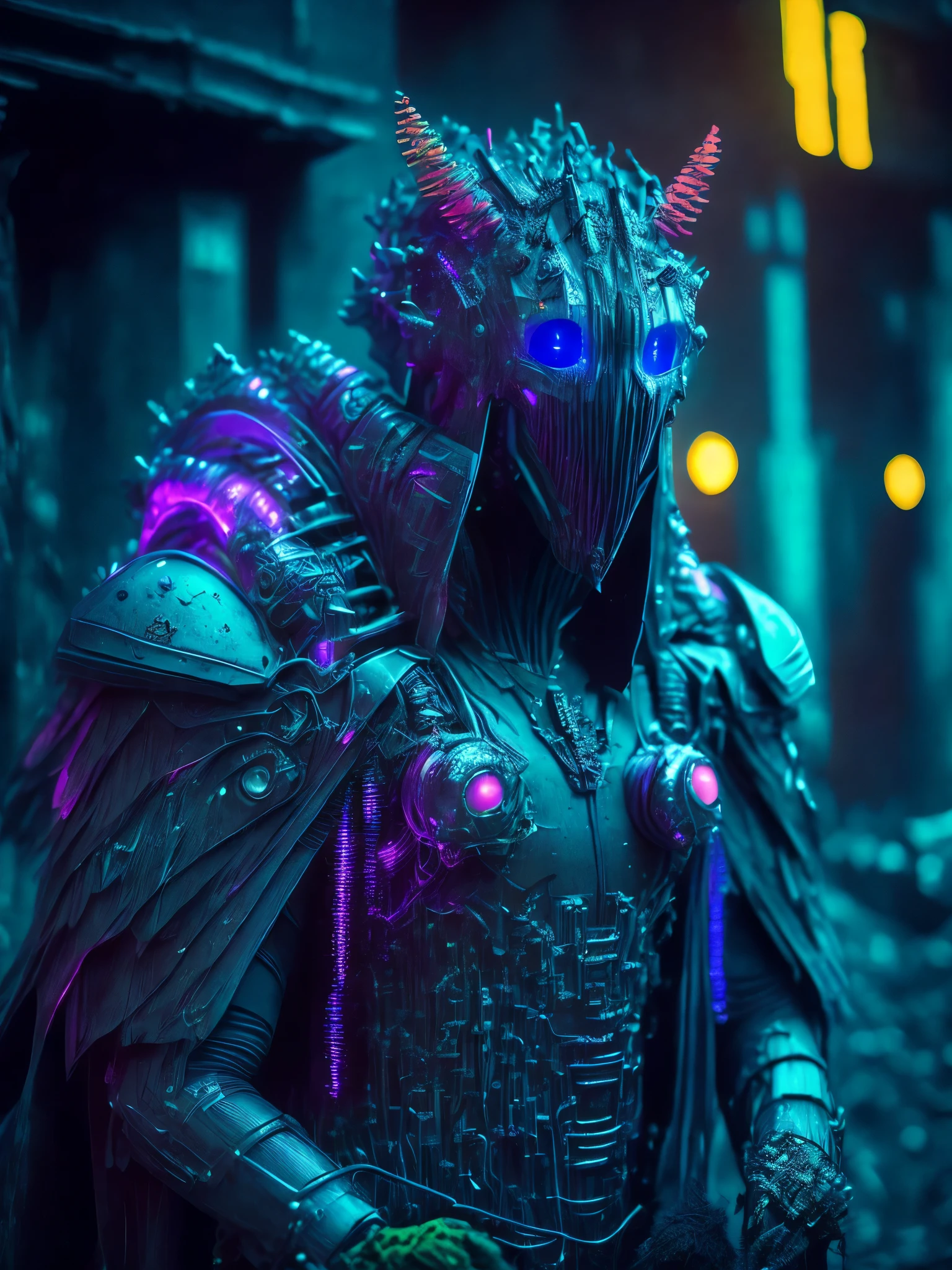 Full Grim portrait of the DC Plastic-monster wrapped in dirty plastic with intricate angular cybernetic implants inside a brutalist building, gothic brutalist graveyard, cyberpunk, Foto premiada, Bokeh, Neon lights, cybernetic