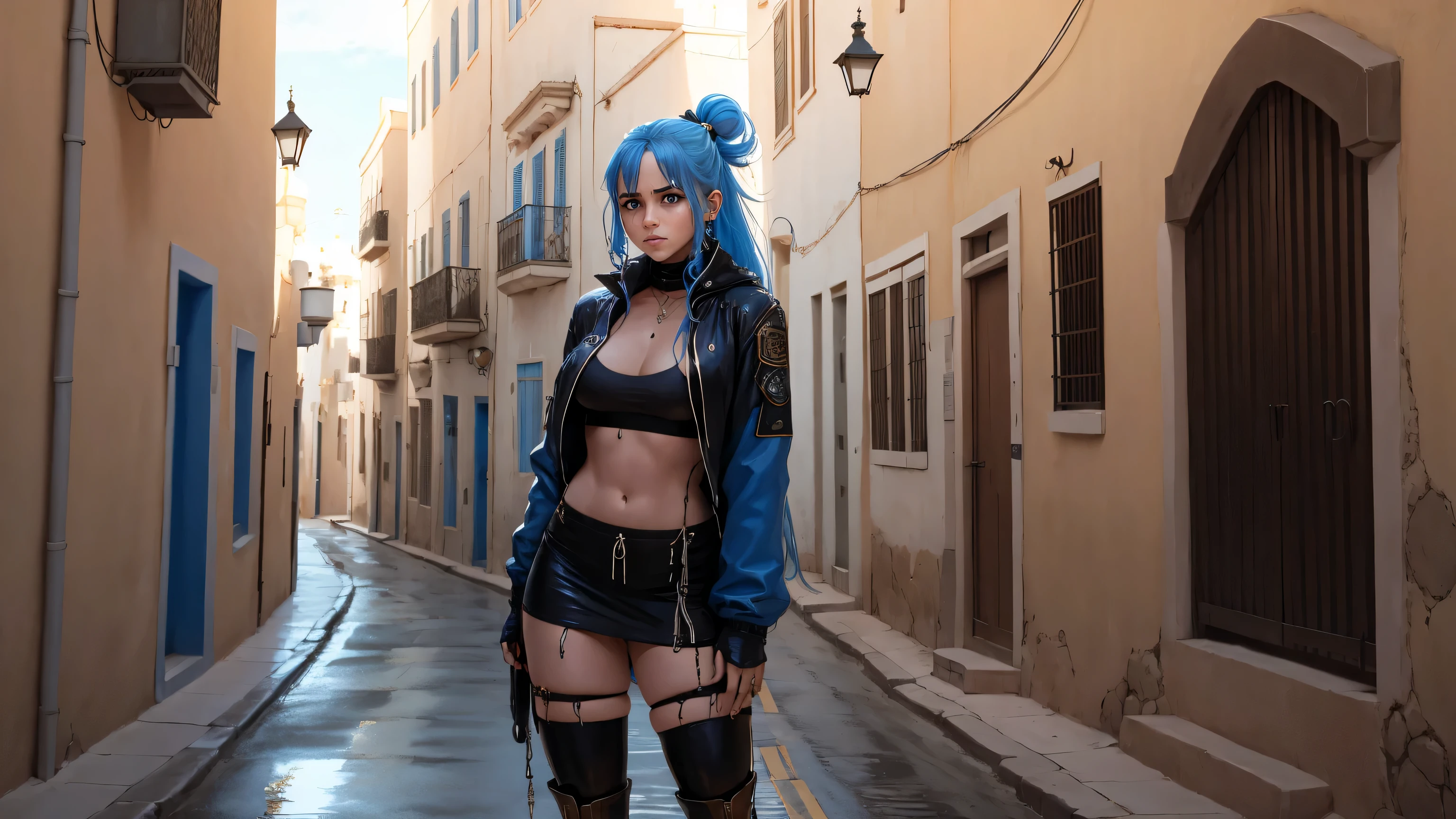 1 chica, solo, (NSFW), cute 15 year old redhead with two tails, ((cuerpo femenino perfecto)), (linda cara maquillada), multiple (Brown hair: 1.2), (hermosos ojos azules detallados: 1.6), (foto realista eyes: 1.6), feliz, ucranio, (small body), ((small hips)), pale white skin, (minifalda y top de tubo), (pantimedias mate: 1.6), (("post apocalyptic" fondo de estilo)), (Noche:1.2), foto realista.