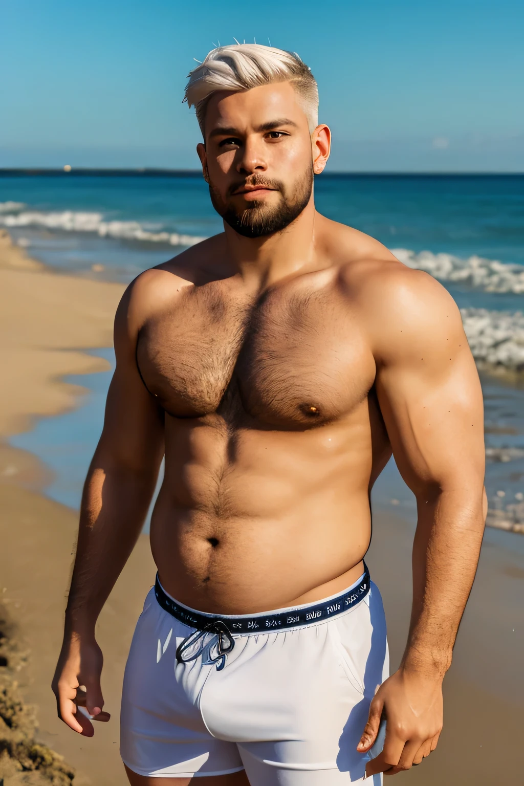 portrait of handsome man, soft belly, shirtless , beard, chest hair, no muscle, not defined, a fat, chubby, (((white hair))), 25 years old, full body, at beach, underware