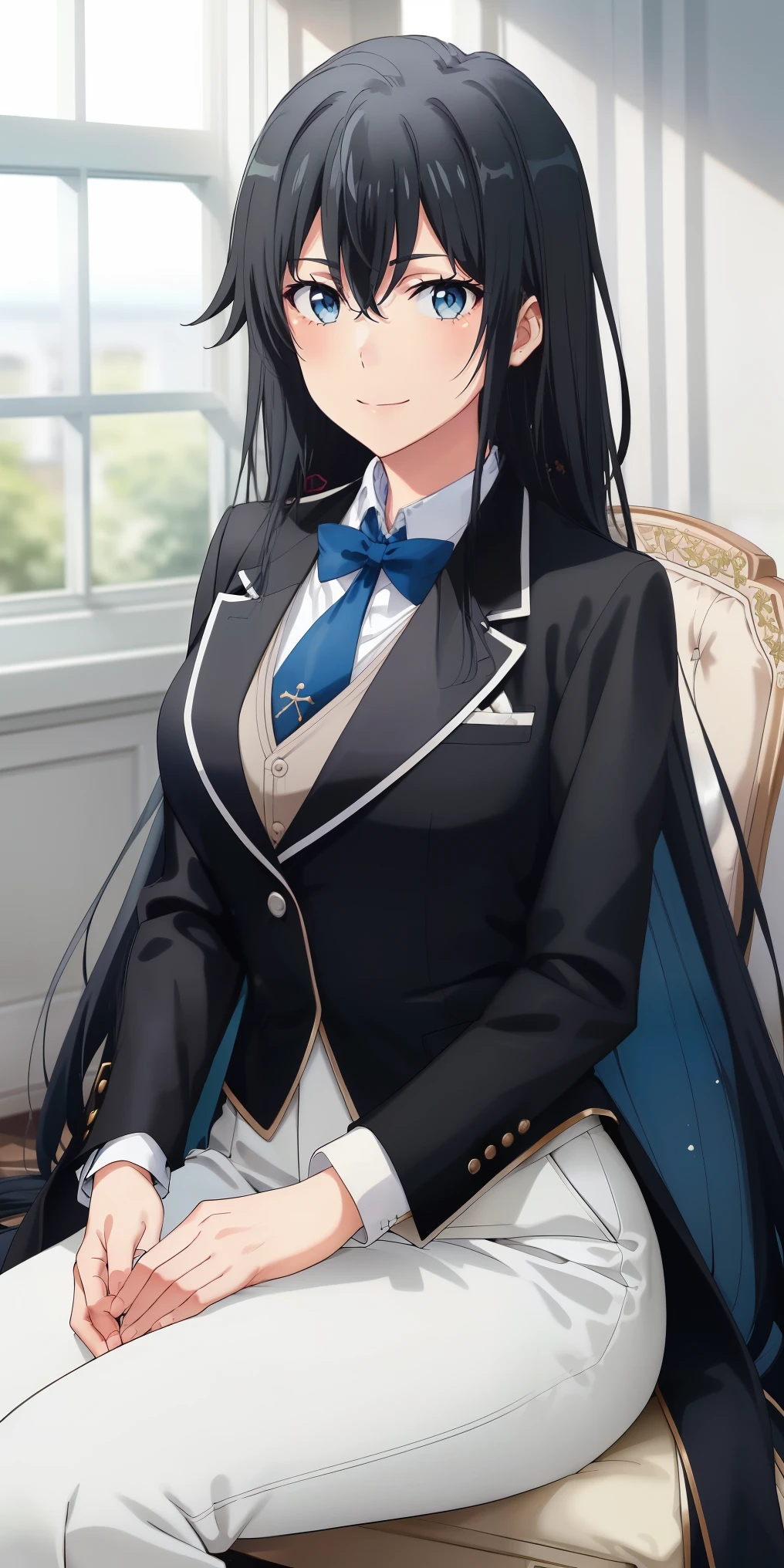 ((best quality)), ((masterpiece)), (detailed) 1girl 1girl, ;\), blurry, blurry_background, breasts, , hair_long looking_at_viewer, ok_sign, open_hand, Yukinoshita Yukino ,Woman wearing formal clothes, An attractive coat sitting on chair in the room , 1girl, 独奏, blue necktie, Black hair, eyes blue, long hair, smile , collared shirt, white pants, white shirt , Elegantly designed coat , Stand in front of a window ,Perfectly tailored tailcoat. It has a stunning Victorian design and is made of lustrous fabric , full body ,tailcoat butler suit, elegant pose, serene expression, flowing long hair, soft lighting, pastel color palette, detailed lace and embroidery, realistic portrait, fine brushwork, delicate facial features, captivating eyes, graceful gestures, refined atmosphere, vintage decor, polished silverware, elaborate floral arrangement, polished marble floors