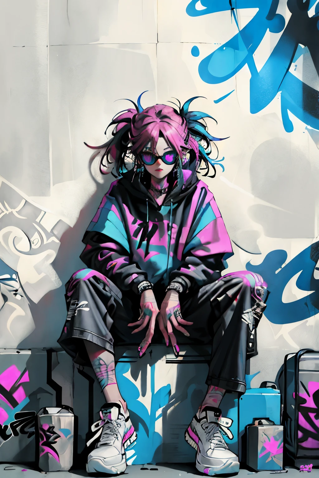 HD, (Best Detail) (Best Quality), Aalfi woman in sunglasses sitting in chair on sofa, (((Graffiti art))), (((Trigger studio style, graffiti art, rock punk, neon colors))), Carne Griffiths
