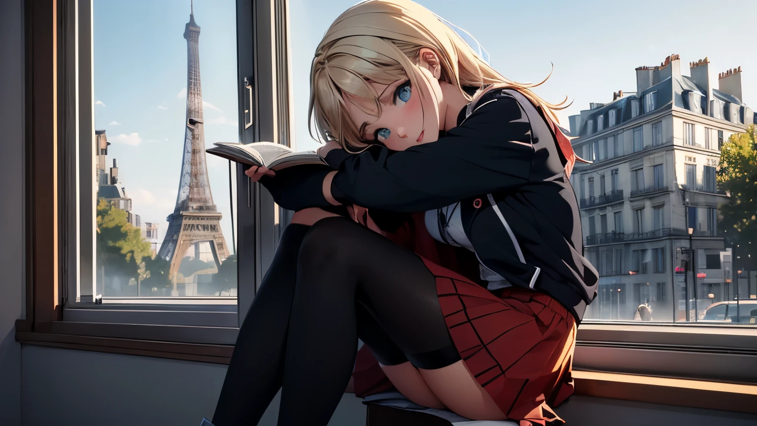 , in the style of 2d game art, cinestill 50d, nightcore, romanticized landscapes, colorful animation stills, paris school. chef d'oeuvre, qualité supérieure, les fonds d'écran CG Unity 8K extrêmement détaillés, 8kCG ultra réaliste, œuvre d'art parfaite, La silhouette féminine parfaite, Ombres dramatiques, (projecteur, lit parfait, Lumière détaillée, (((1 fille dans))), ((visage pointu)), ((cheveux bruns, cheveux ondulés)), (((pose sexy))), Type de corps du modèle, Le nombril est visible, gros seins pleins, ((visage mignon)), (souriant doucement: 1.2), (frange asymétrique, de beaux cils), beau visage, (Belle ligne de poitrine:1.2), (clivage), belle une fille, Des traits du visage exquis représentant le visage parfait, froid, Naturellement belle, transpiration, corps mince, Expression légère et belle des cuisses, ;école, haut-, un costume de marin, jupe plissée, Chaussettes amples,,, (((girl reading in a window beside a catt))), photo primée, détails, Lumière et ombre réalistes, Résolution 8K, éclairage professionnel, (peau luisante:0.9), main parfaite,