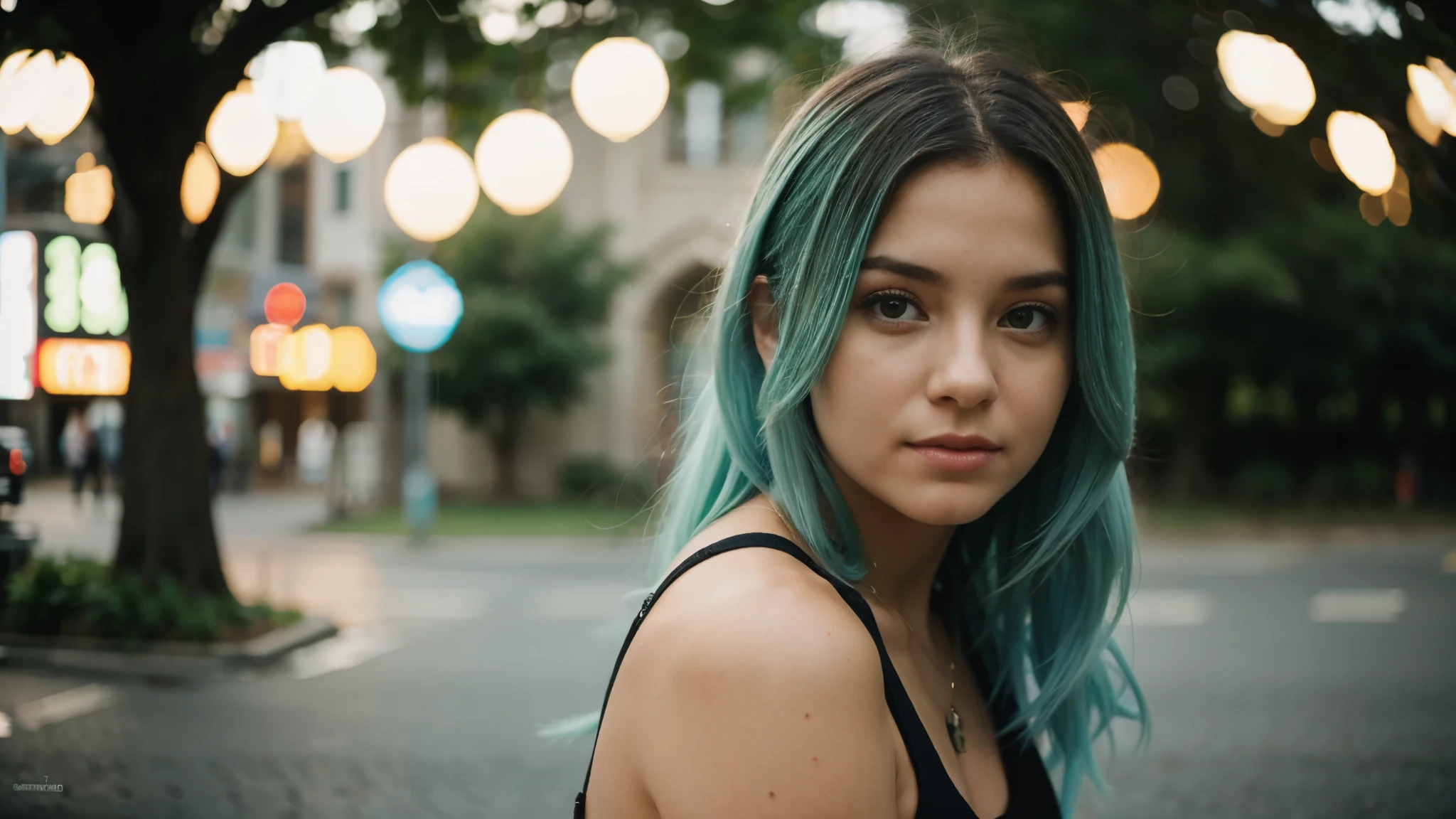 cinematographic photograph of a girl in her 20s, with mint-colored hair, 35mm
photography, film, bokeh,
professional, 4k, highly detailed