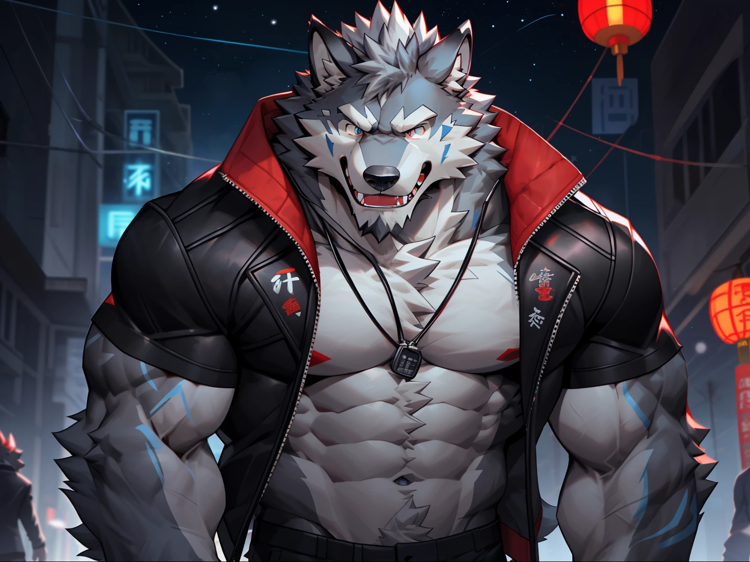 hairy,gray wolf,alone,delicate eyes,super detailed,Delicate fur texture,CG,Jacket,Blue pupils,fluorescent pupils,in the shadows,Starry eyes,vigorous,huge pecs,fangs,There are Chinese characters on the head:trouble,There are red lines on the body,Tempting